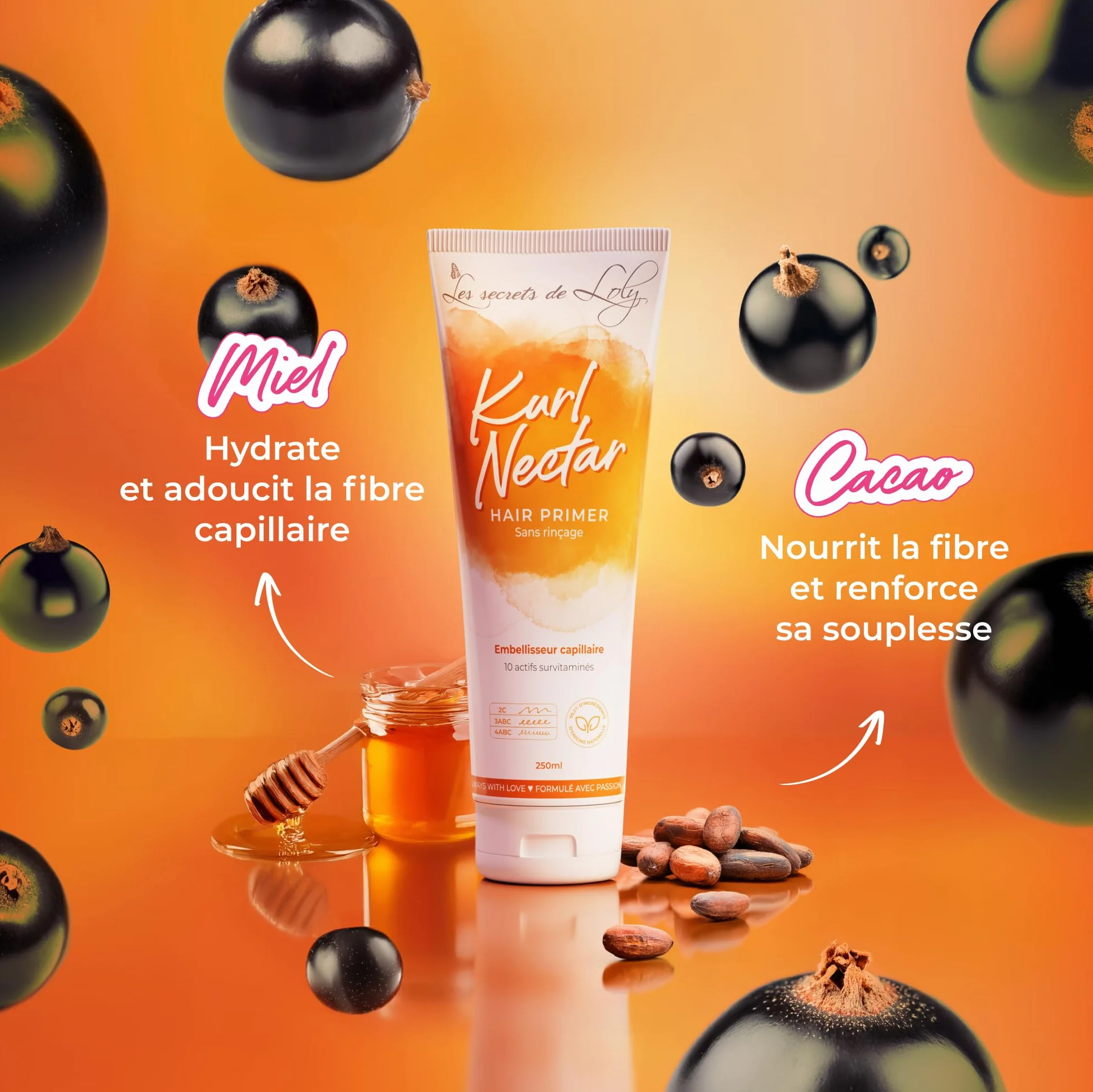 Les Secrets de Loly Kurl Nectar Leave-in Crème Sans Rinçage Réparateur Hydratant Anti-Frisottis Cheveux Bouclés Frisés Crépus 96% Naturelle 250 ml