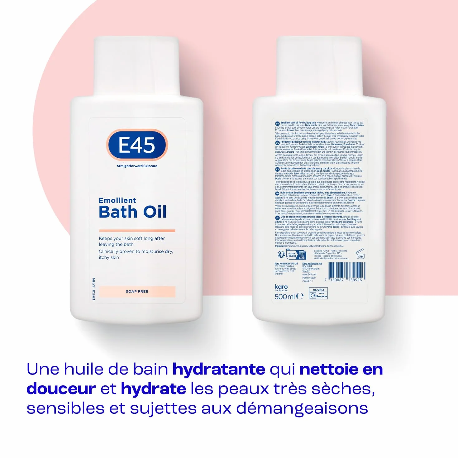 E45 Huile de bain adoucissante 500 ml - Gel douche hydratant sans savon ni parfum - Testé dermatologiquement