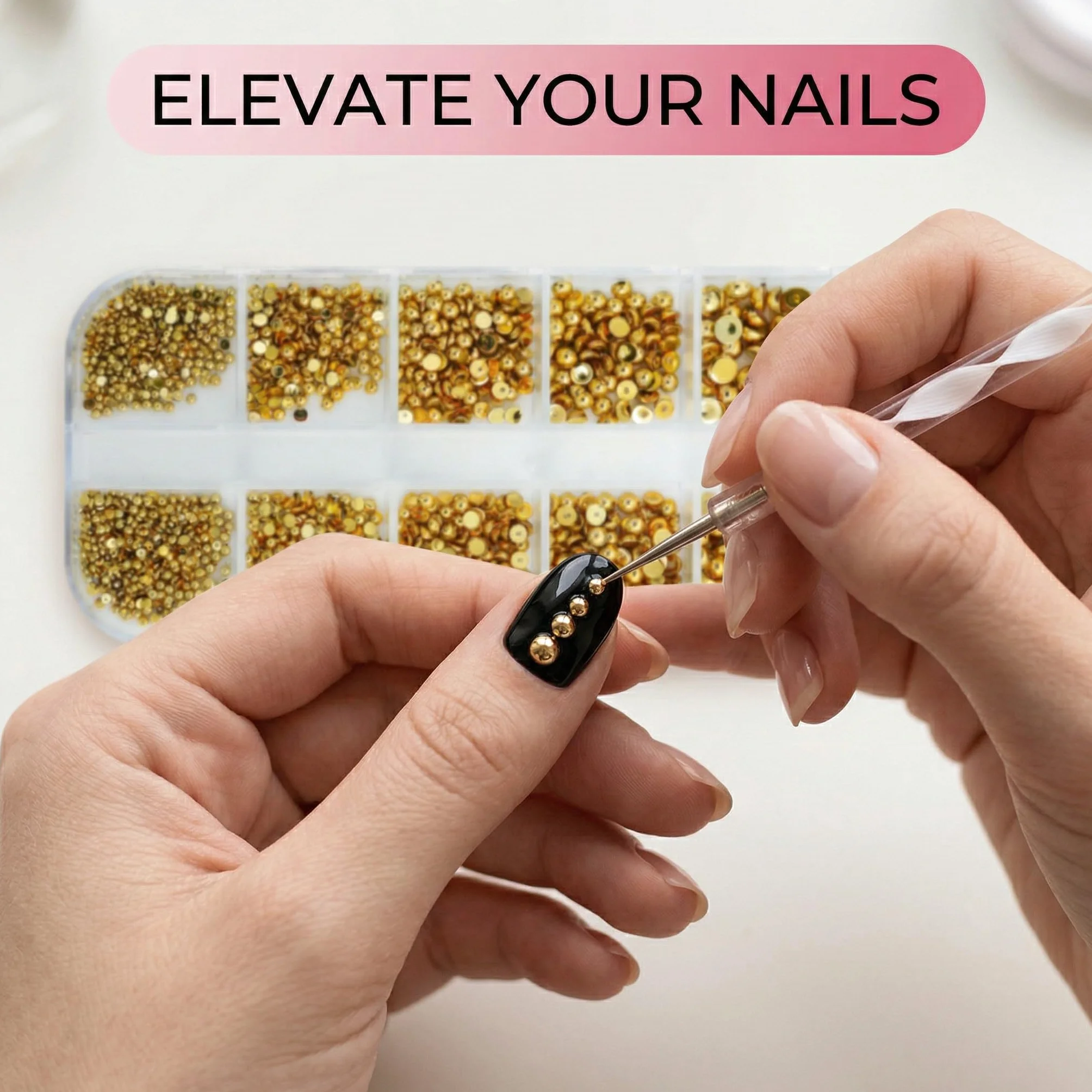 Boîte 3D Flatback Perle Ongle Or, Strass Nail Art Demi-Rondes Métal pour Décoration Ongle