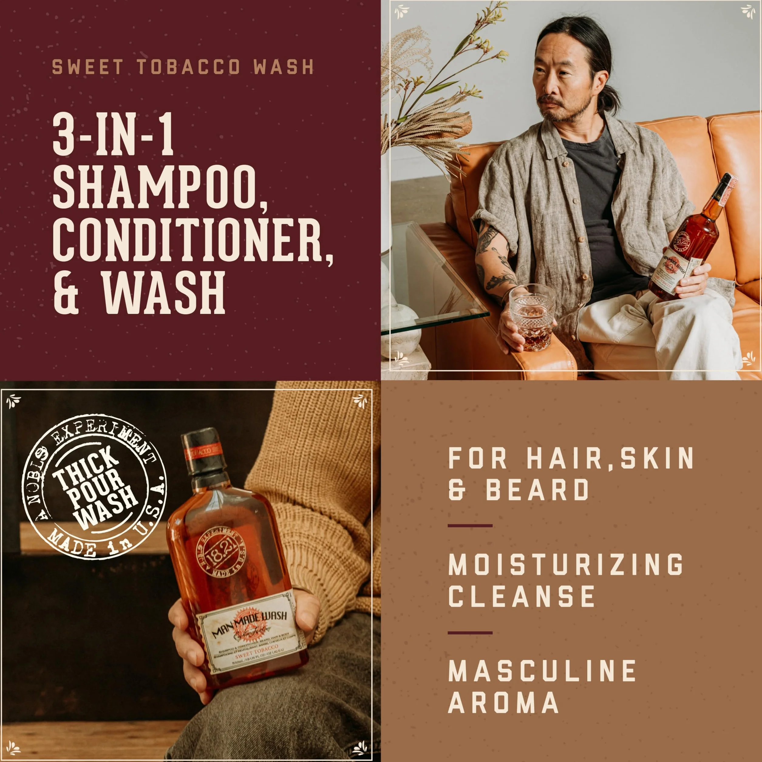 18.21 Man Made Sweet Tobacco 3-in-1 Shampoo Conditioner Body Wash 3.4 oz