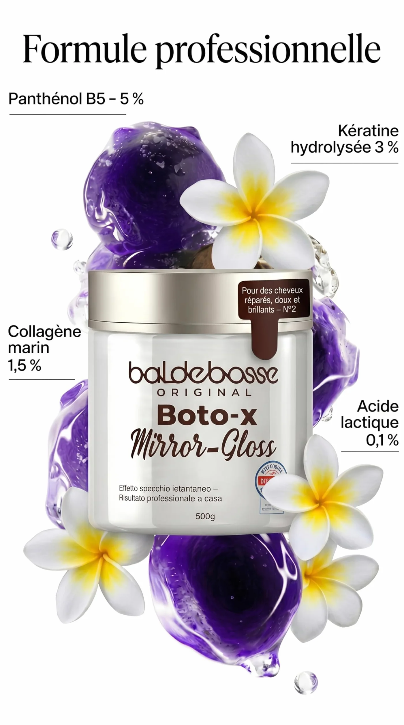 Masque Cheveux Mirror Gloss Boto-x Capillaire Professionnel Soin Réparateur Intense pour Cheveux Secs et Abîmés Lissage Brillance Miroir