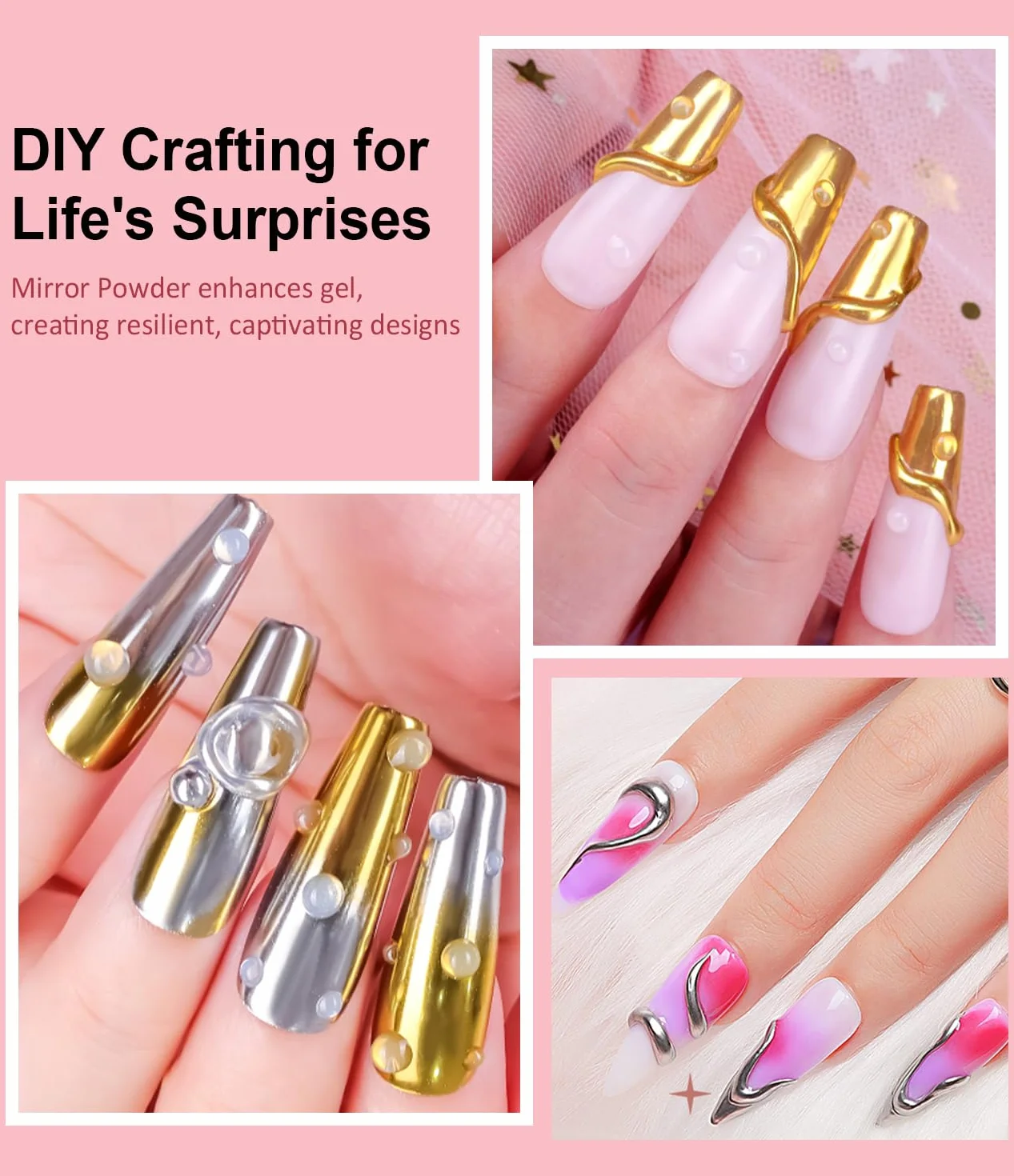 Gel à Gel 3D Ongle Multifonctionnel 15g Nail Art Sans Essuyage Chrome Argent/Or Poudre Jaune Perle Rose