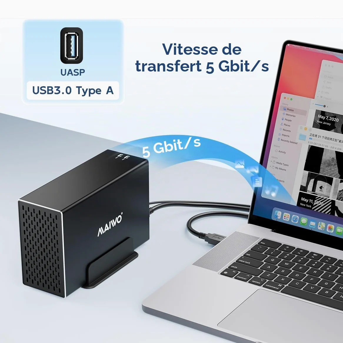MAIWO Boîtier Raid à Double Baie avec Ventilateur de Refroidissement pour SSD SATA 2,5/3,5", boîtier USB 3.0 5 Gbit/s, capacité de 48 to, Raid 0/1/JBOD/PM, boîtier en Aluminium