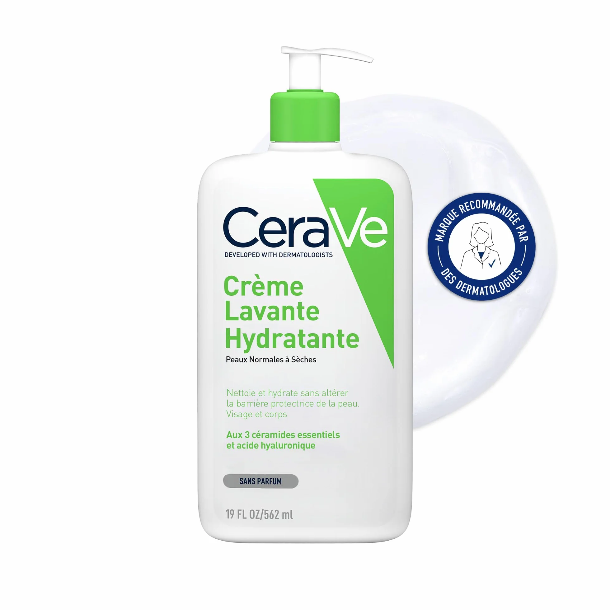 CeraVe Crème Lavante Hydratante Visage & Corps 562 ml Aux 3 Céramides Essentiels + Acide Hyaluronique Peau Normale à Sèche