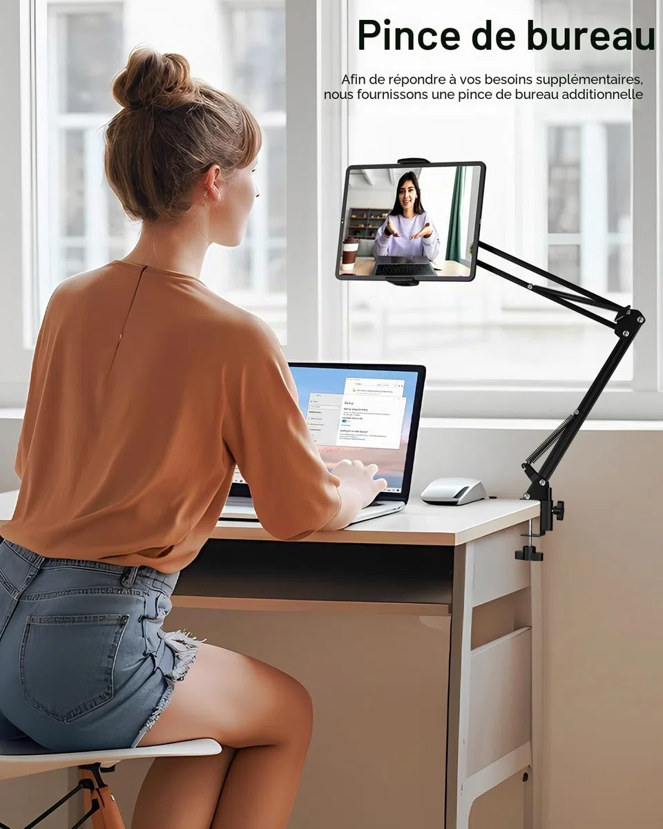 Support Tablette de Sol avec Base 5KG et Pince de Bureau, Support de Bras Pliable à Angle Réglable en Hauteur, Compatible avec iPhone, iPad Pro Air Mini, Galaxy Tab, Kindle(4,5''-13'')