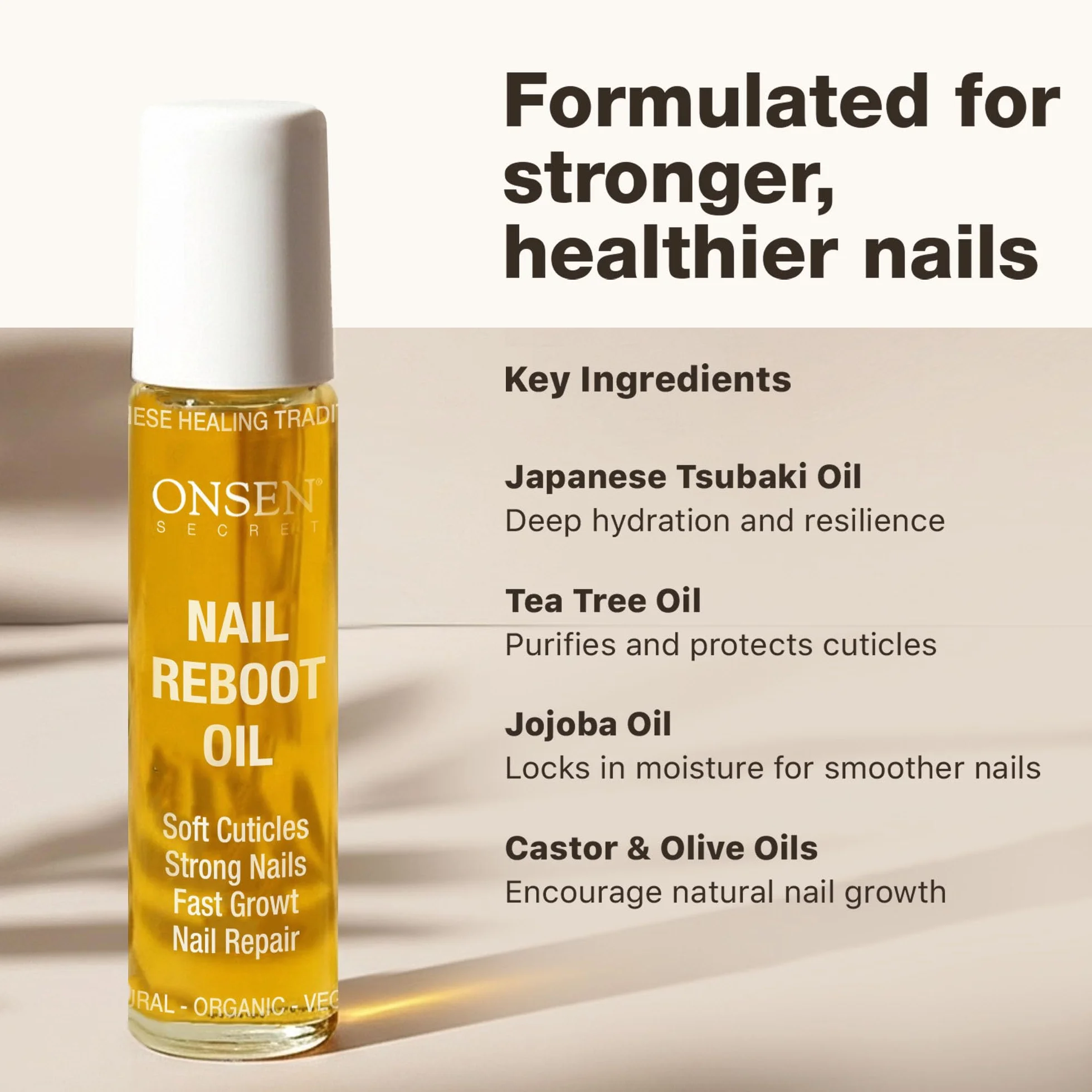 Huile Réparatrice Ongles & Cuticules Onsen 10 ml - Tsubaki, Arbre à thé, Jojoba - Renforce, répare, hydrate