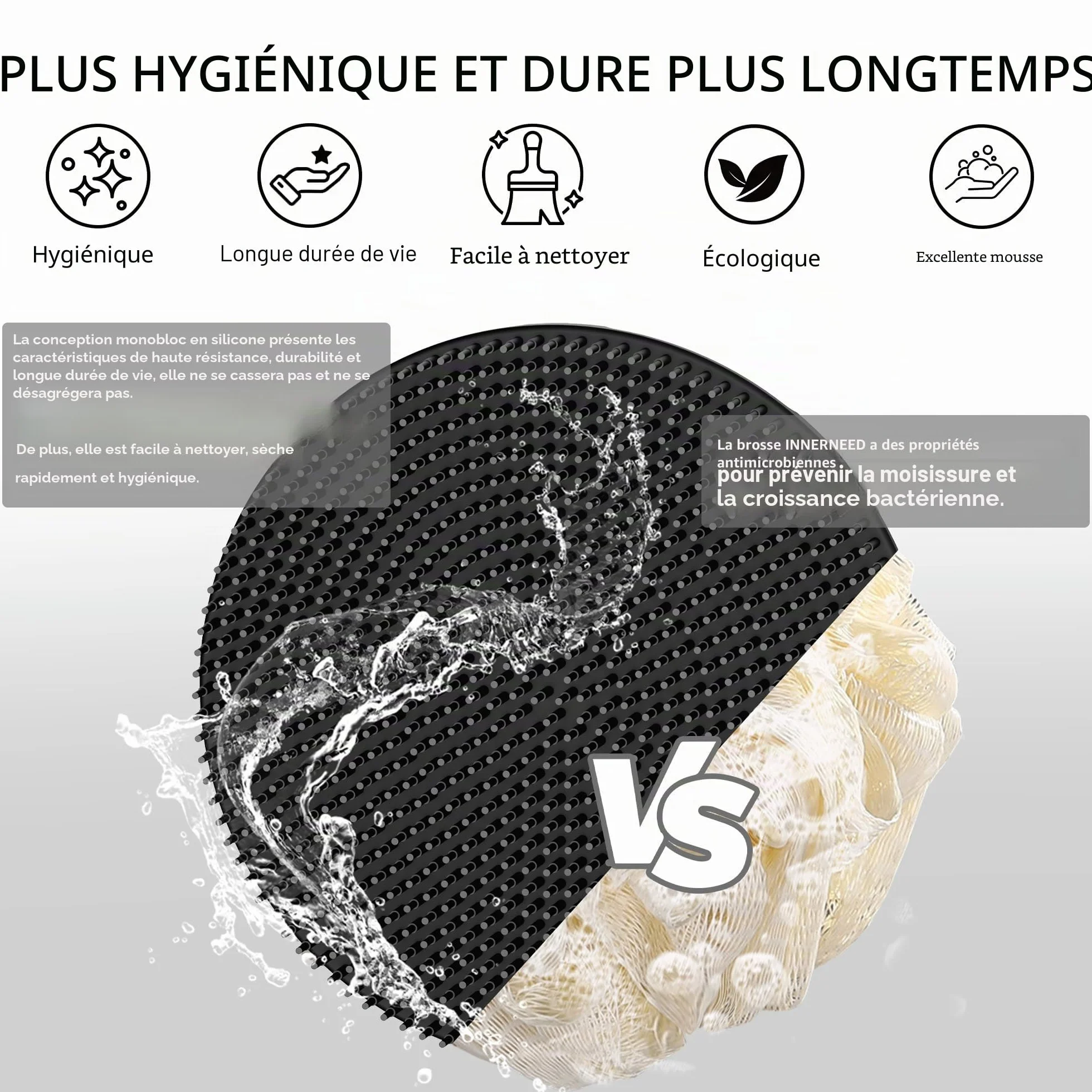 Brosse de douche en silicone souple de qualité alimentaire exfoliante douce et moussante noir
