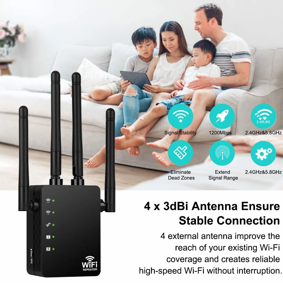 Répéteur WiFi AC1200 Double Bande 2.4GHz 5GHz 4 Antennes Externes 2 Port Ethernet 120㎡