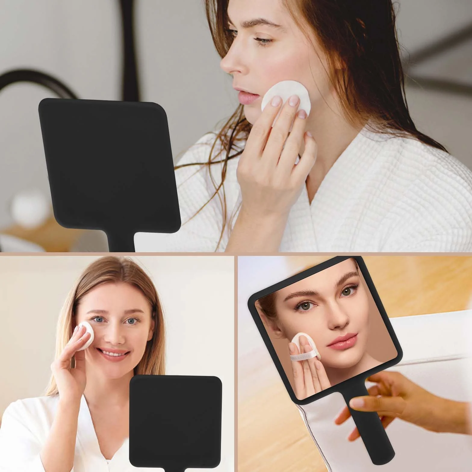 Miroir à Main de Coiffure Carré avec Poignée pour Maquillage Voyage Salon Noir