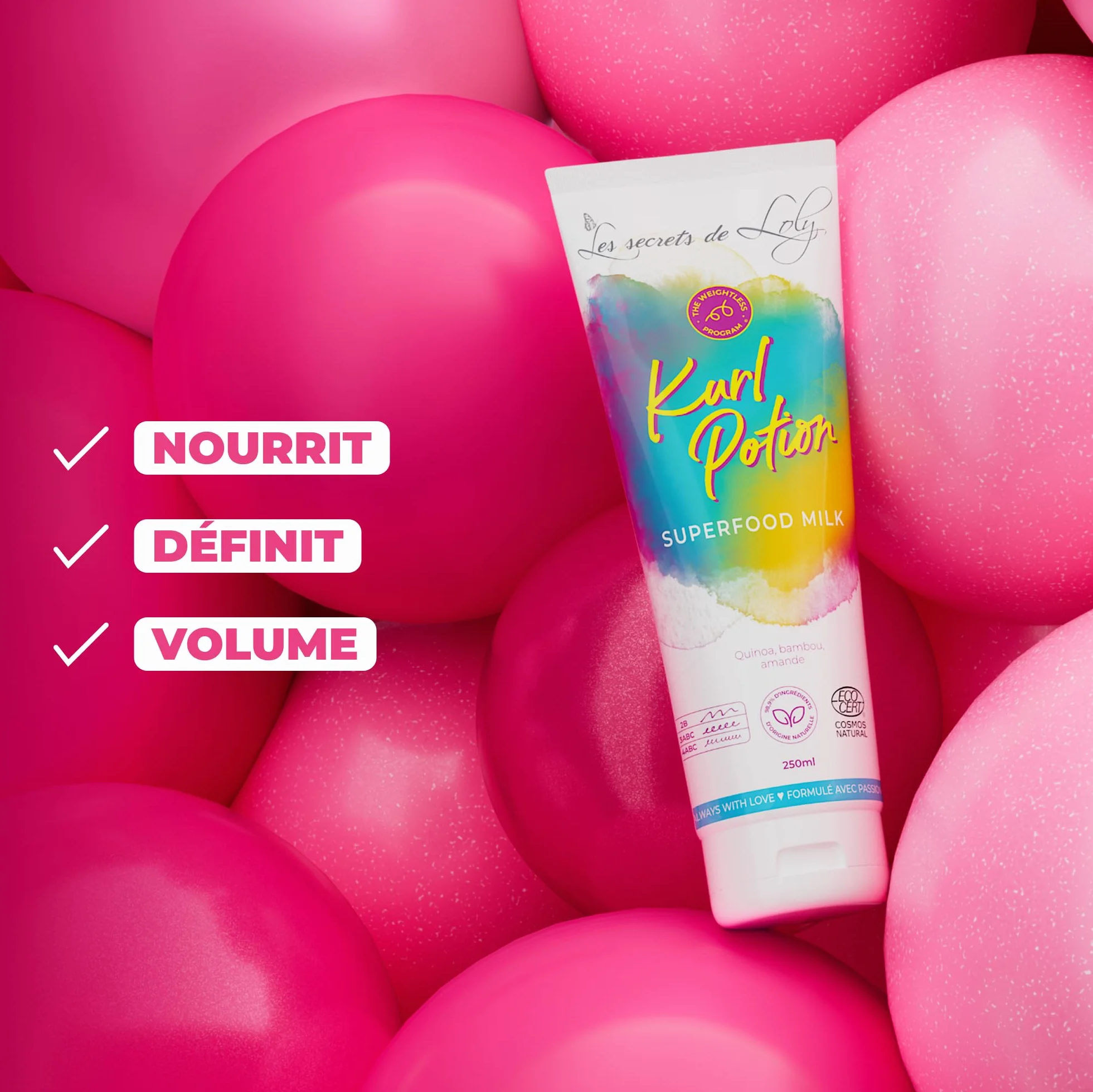 Les Secrets de Loly Kurl Potion Leave-in sans rinçage Définition & nutrition Cheveux ondulés bouclés frisés 250 ml