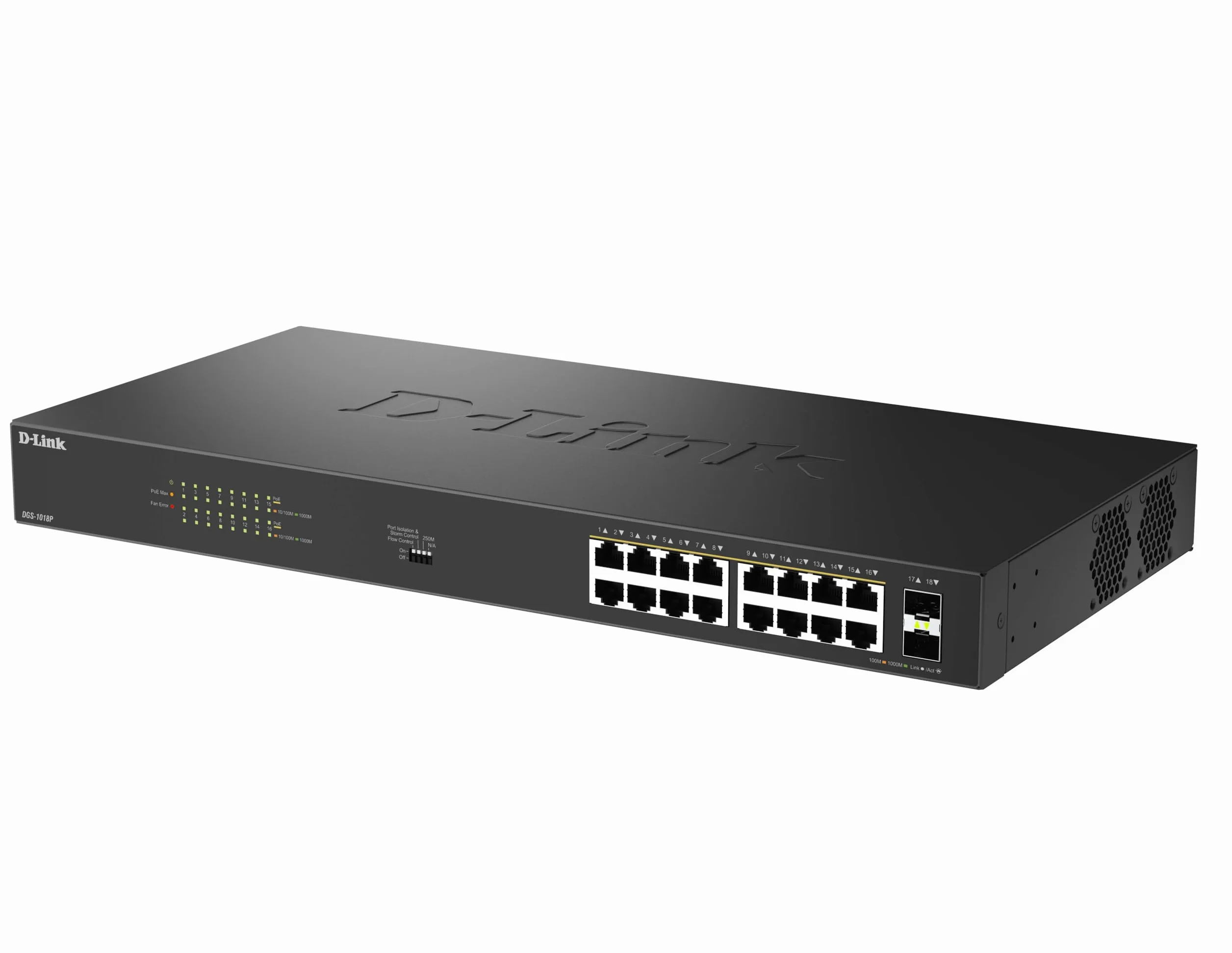 D-Link DGS-1018P Switch Gigabit PoE Non Administré 18 Ports – 16 Ports PoE+ (240W), 2 Uplinks SFP, Plug-and-Play, Boîtier Métallique Ventilé, Rackable, IEEE 802.3af/at, Écoénergétique