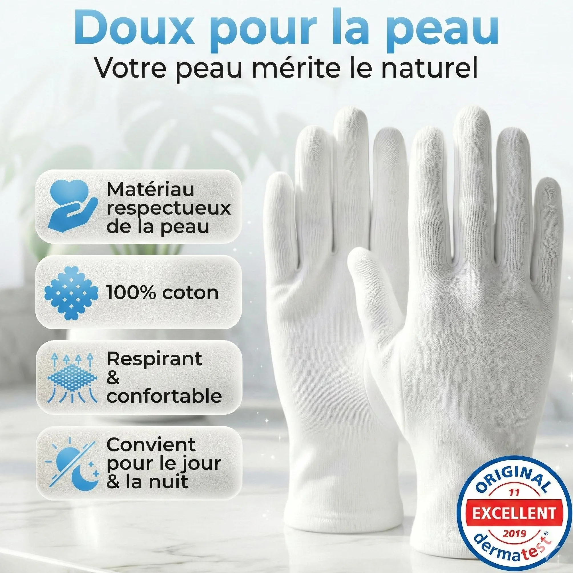 Gants coton dermatologique antistatique eczema hydratant main 3 paires M