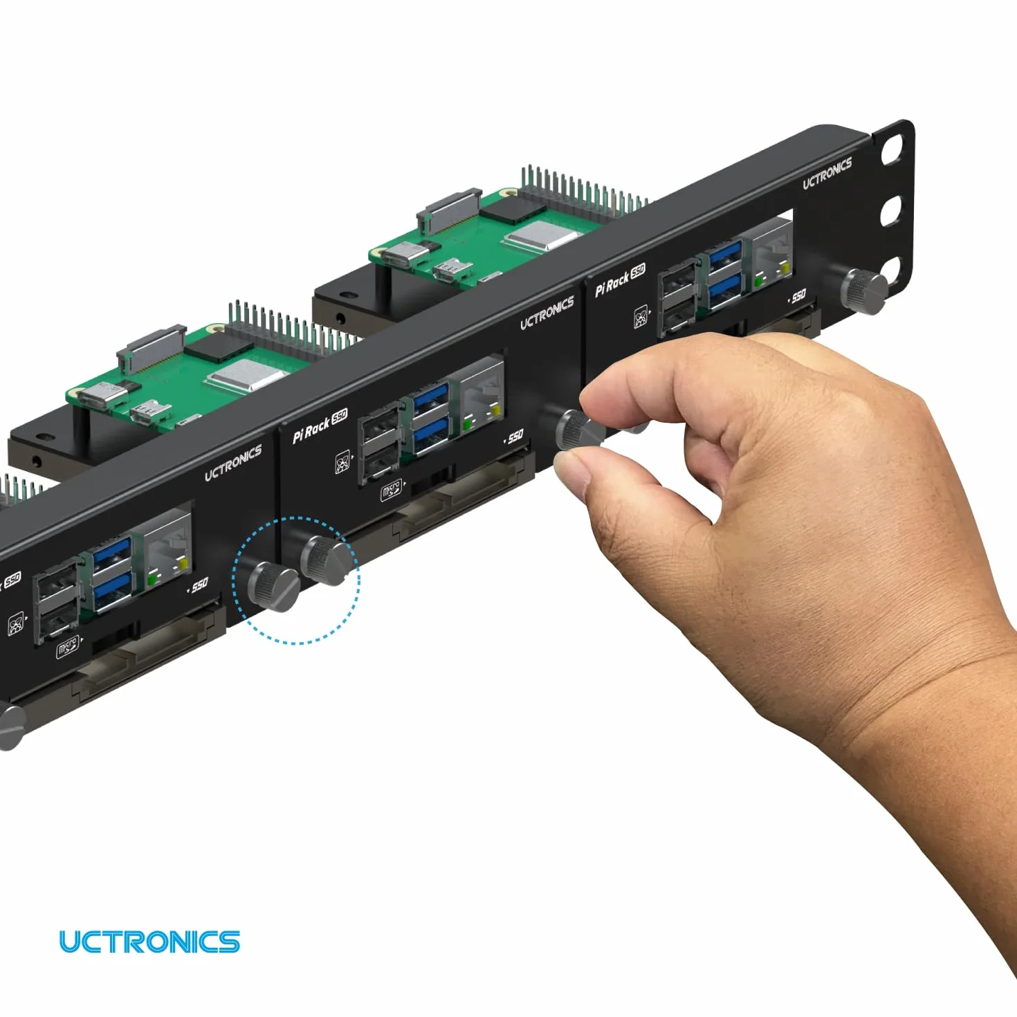 UCTRONICS Support en rack 1U 19" pour Raspberry Pi avec supports de montage SSD, support avant amovible