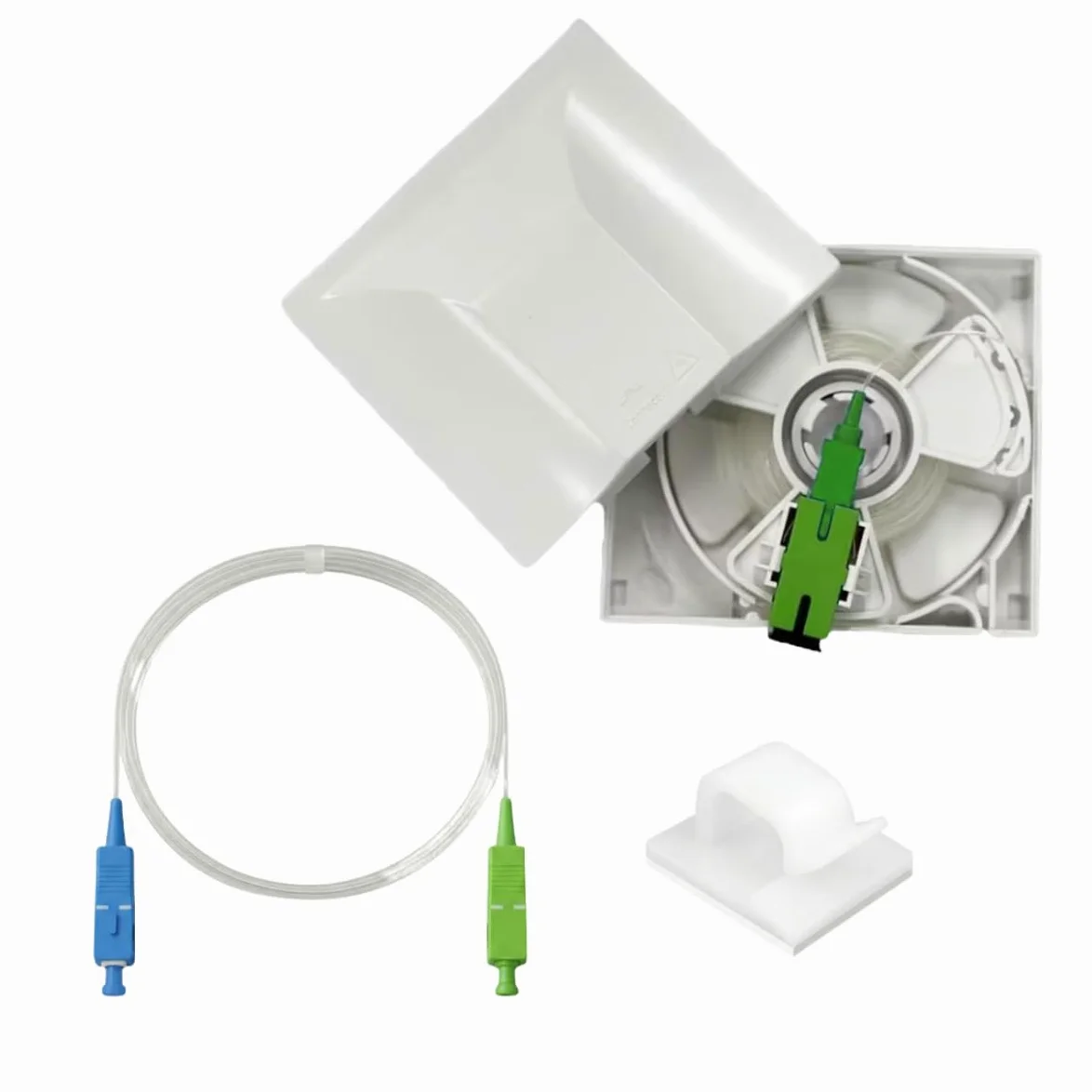 Kit Essentiel Rallonge Fibre Optique Freebox Free - 40m - Câble Transparent Sur Enrouleur + Jarretière Invisible 3m SC-APC/SC-UPC + 20 Clips Adhésifs - Déplacement/Déportation De Box Internet