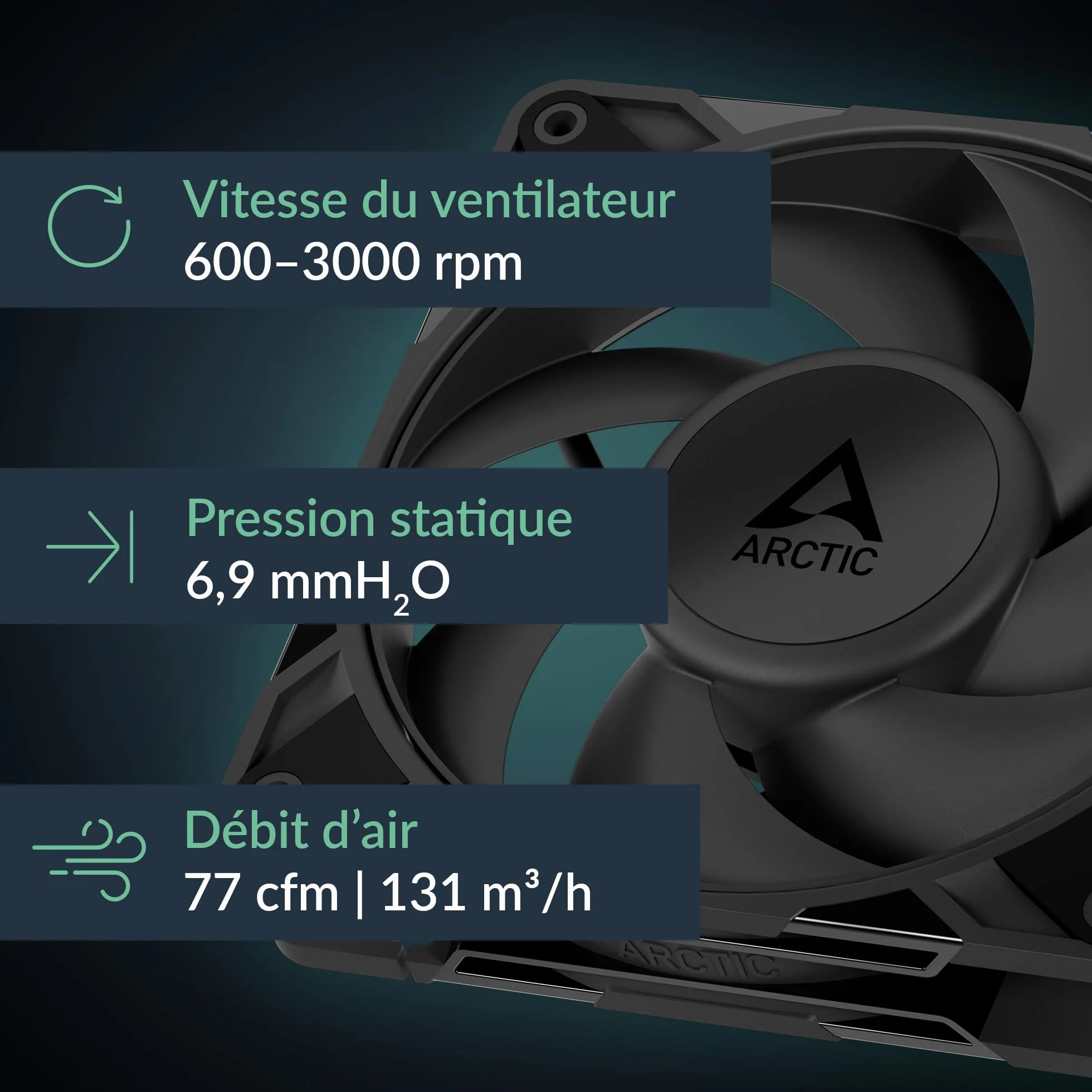 ARCTIC P12 Pro Ventilateur PWM 120 mm 600-3000 rpm 0 rpm <5% PWM Palier à Douille Hydrodynamique 4 Broches Noir