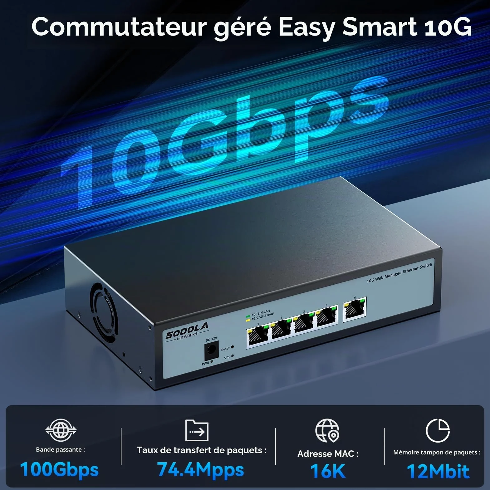 SODOLA Switch 10Gb Ethernet 5 Ports géré Via Le Web, 5x10G RJ45 | Boîtier métallique, refroidissement ventilé, prend en charge LACP/QoS/VLAN/IGMP, montage bureau/mural