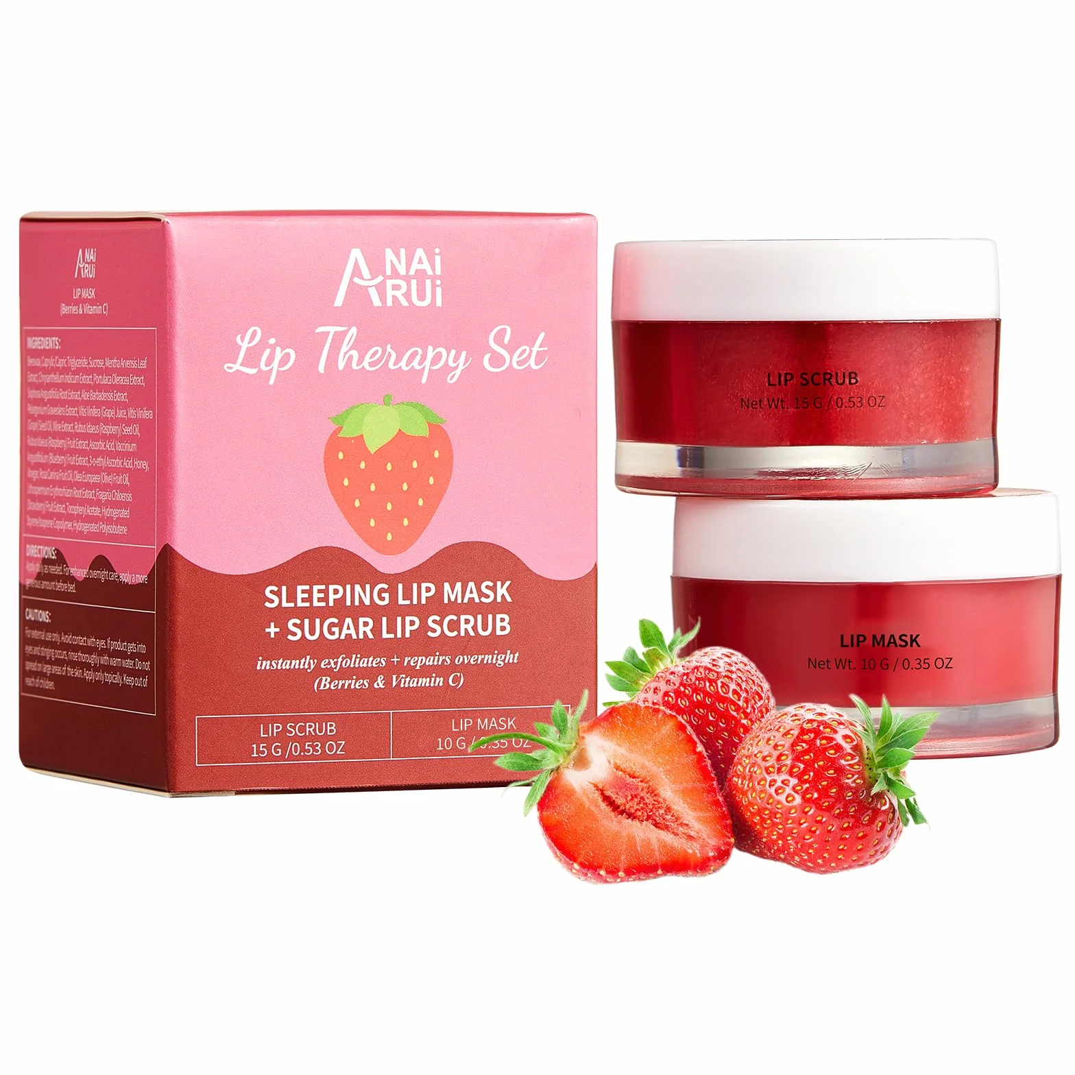 Kit de Soin pour les Lèvres ANAiRUi - Masque Baume & Gommage Sucré - Masque de Nuit Baies Vitamine C