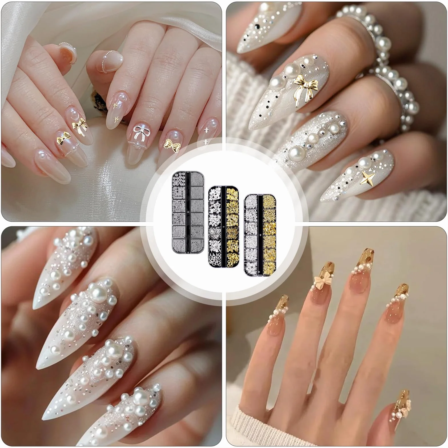 lafo Lot de 3 Boîtes Strass Ongle Nail Art avec Bijoux Ongles - Perles Charmes Cristal Blanc, Beige et Décoration Ongle - Kit Nail Art Accessoires Design Faciles