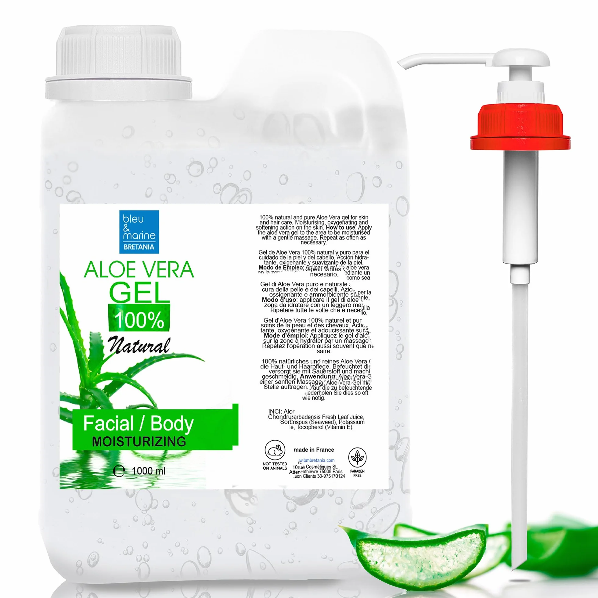 Gel d'Aloe Vera 100% Naturel Hydratant Visage Corps 1000 ml