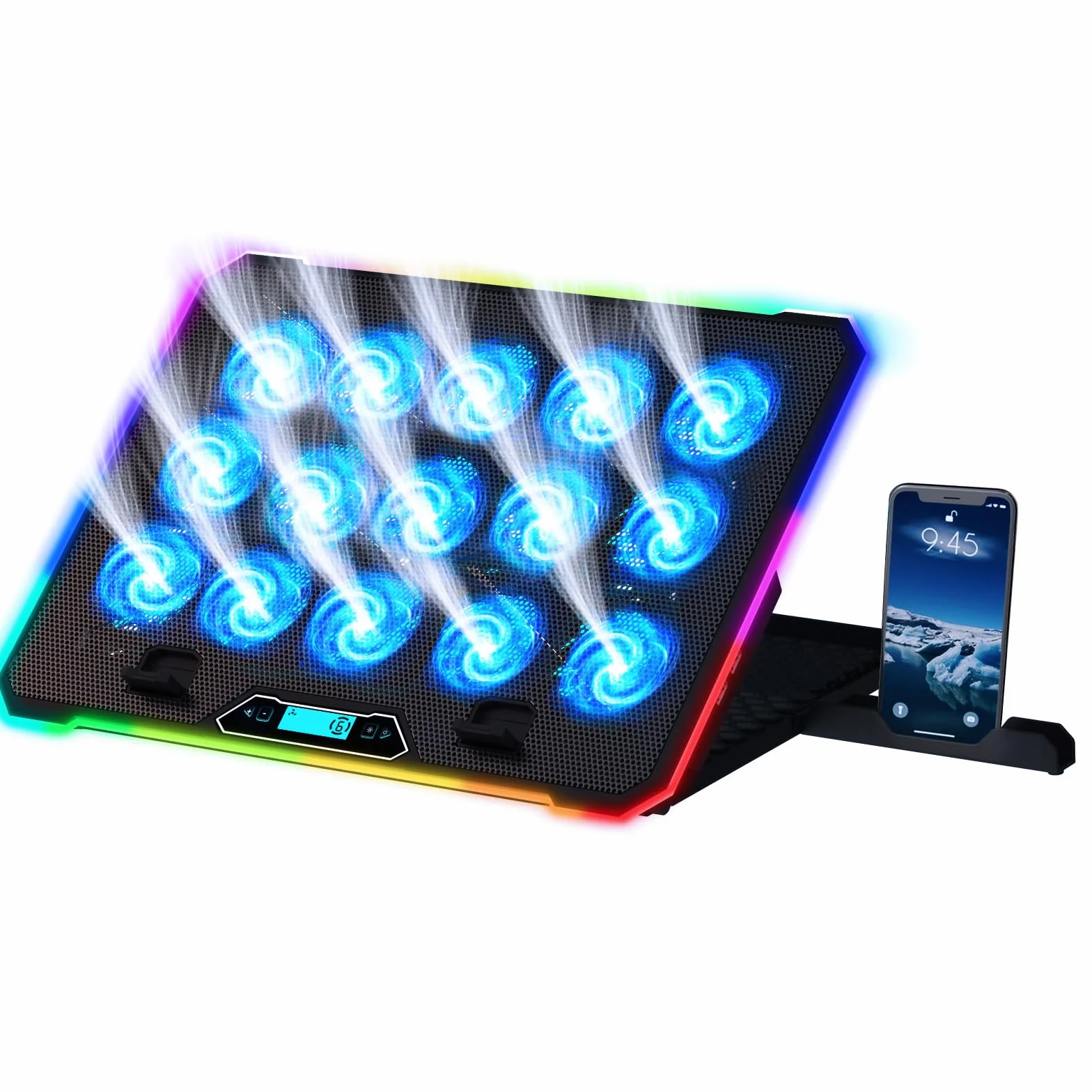 KLIM V15 Refroidisseur PC Portable 15 Ventilateurs RGB Support Gaming 10-17 Pouces 2 Ports USB
