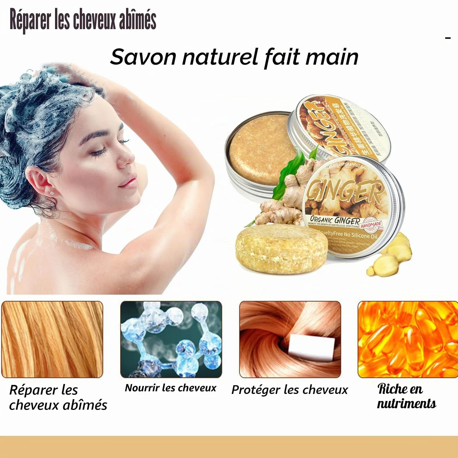 Barre de shampooing au gingembre bio anti-chute cheveux savon plantes naturelles