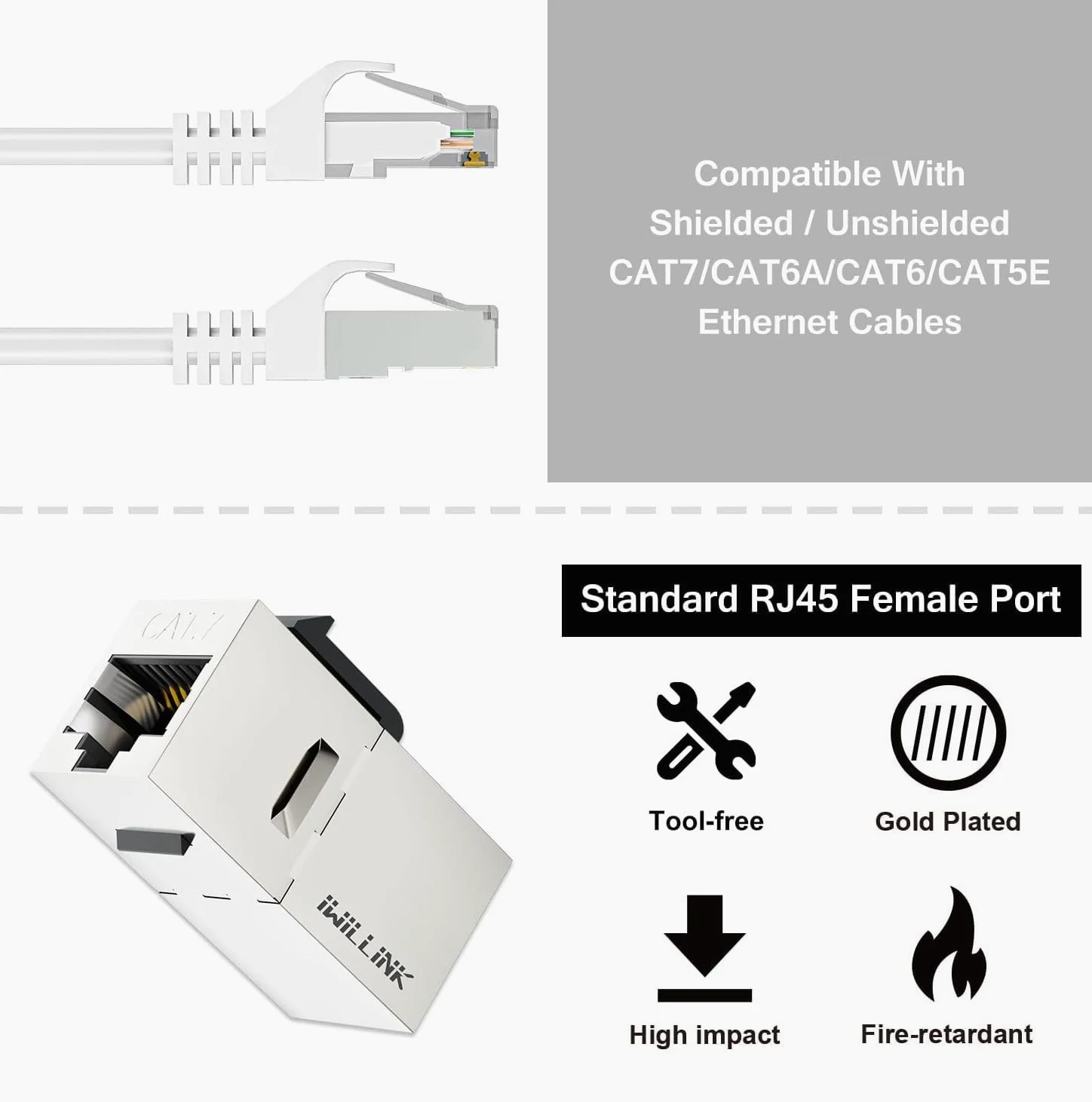 iwillink Lot de 25 coupleurs blindés RJ45 Keystone 10 Gbit/s CAT7 | Coupleur Ethernet, prise Keystone femelle vers femelle, insert STP Keystone pour câble Cat7/Cat6a/Cat6/Cat5e
