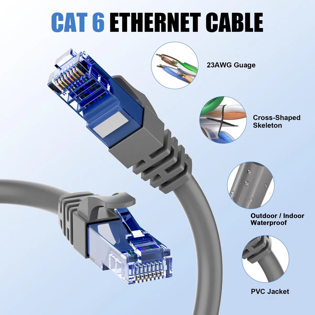 Soibke Câble Ethernet d'extérieur Cat 6 de 30,5 m, câble Ethernet Cat6 23 AWG, très résistant, UTP, étanche, enfouissement direct, résistant aux UV, réseau, LAN, Internet, PVC, avec RJ45 pour routeur