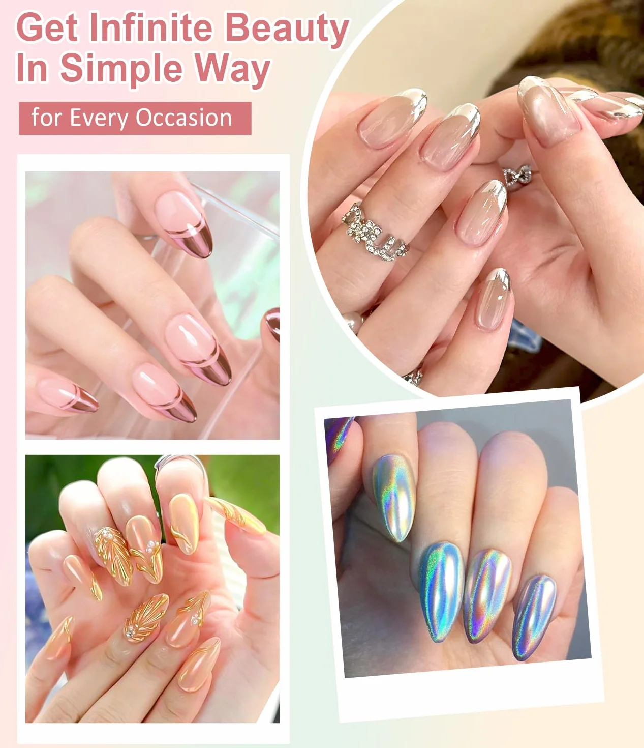 Poudre Holographique Métal Vernis Gel Chrome Ongles Super Miroir Effet Doré Iridescence Aurore Nacrée Pigment Nail Art