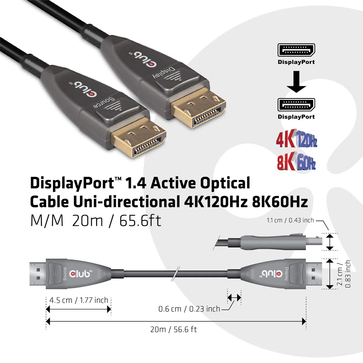 CLUB 3D DISPLAYPORT CABLE 1.4 AKTIV OPTICO 20M 4K120HZ ST/ST RETAIL