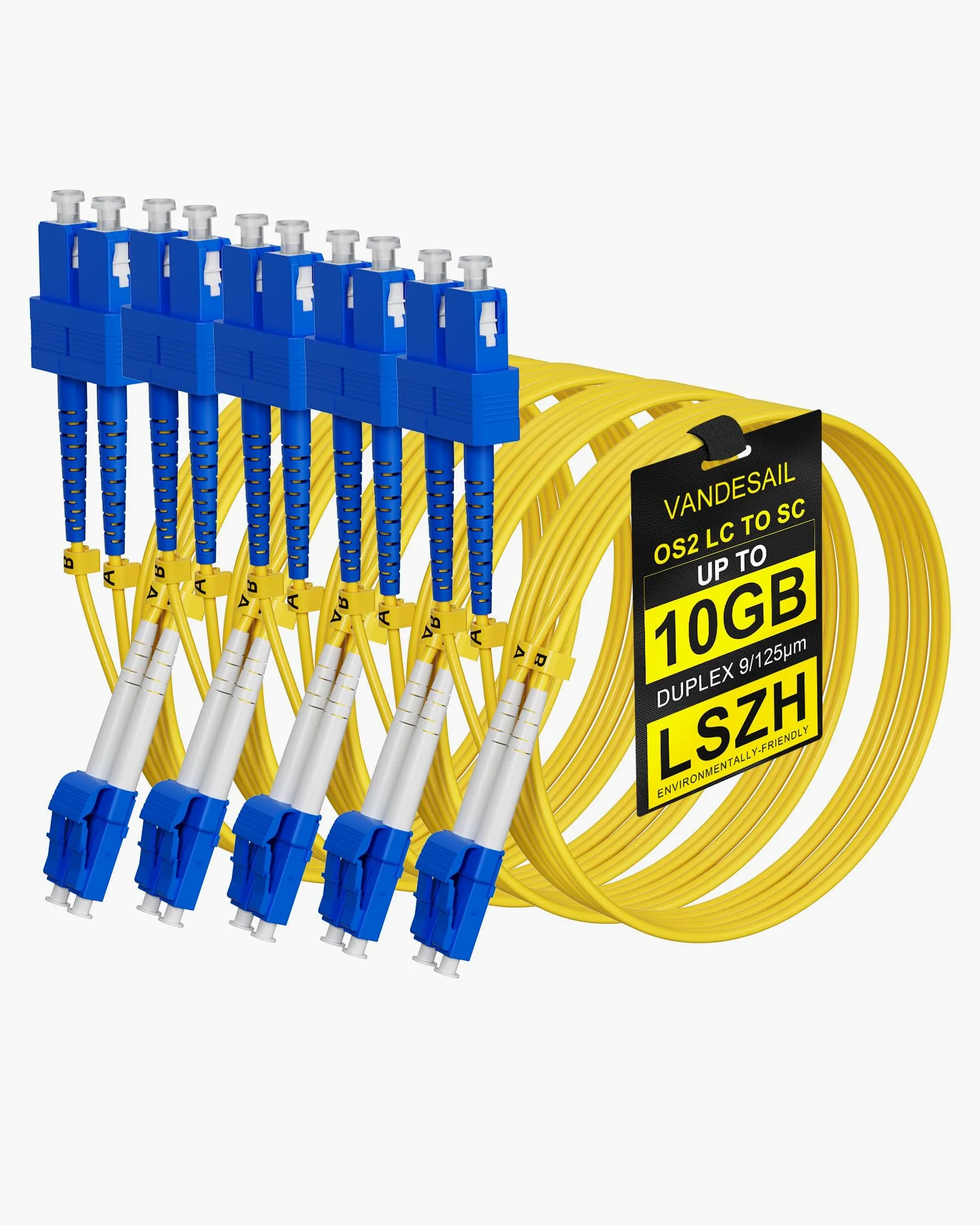 Lot de 5 cordons de raccordement en fibre optique monomode LC vers SC OS2 1 G/10 Go, câble de raccordement en fibre optique SMF duplex LSZH 9/125 µm pour émetteur-récepteur SFP+ 5 m