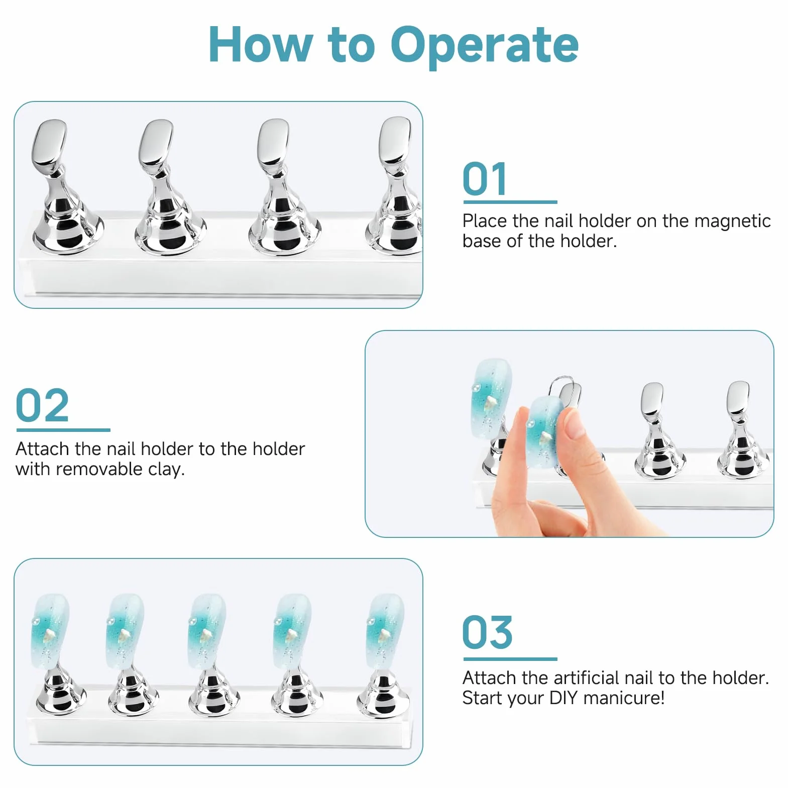 Supports Magnétiques pour Faux Ongles avec Base Acrylique et 100 Autocollants, Présentoir Nail Art Argent