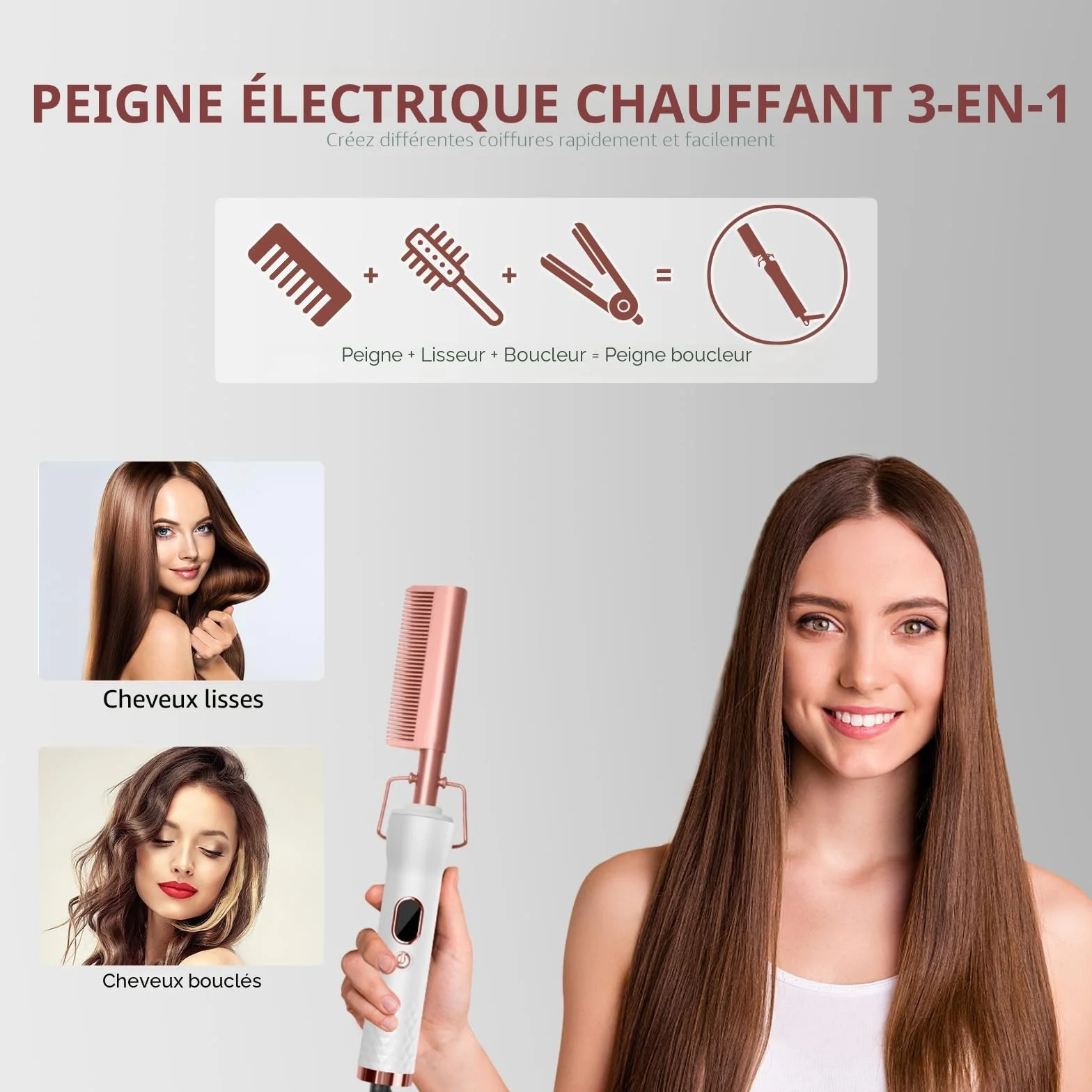 Peigne Chauffant Hot Comb Afro Brosse Chauffante Peigne Electrique 3 en 1 Homme Écran LCD 120-230℃ Lissant Cheveux Court Longs