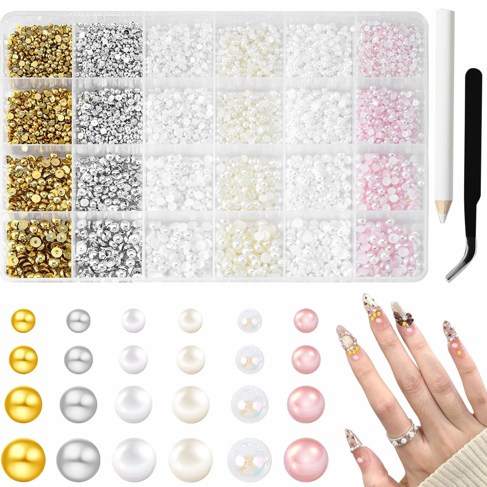 Lot de 10 000 perles à ongles plates, 6 couleurs, 4 tailles, pince à épiler pour manucure
