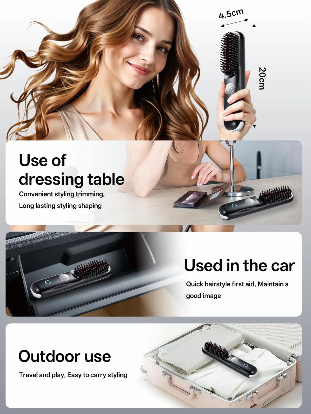 Brosse Lissante Sans Fil LCD 3 Niveaux Température 160-200°C 4000 mAh USB-C Noir