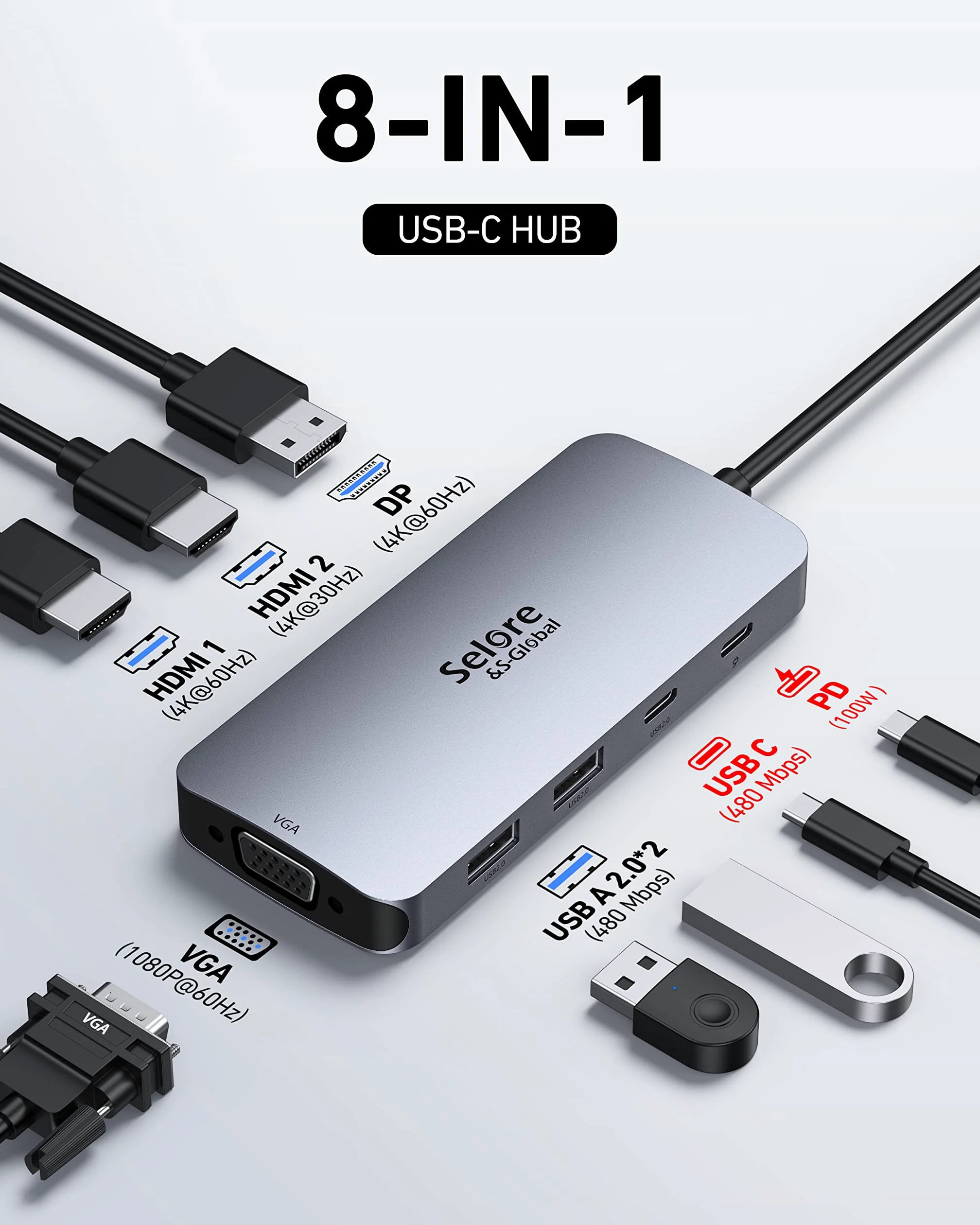 Dock USB C Docking Station USB C Double Moniteur, HUB USB C Dual HDMI | Multiport Stations d'accueil USB C DisplayPort/VGA, PD 100W Charge, 2*USB A/C 2.0 pour MacBook Dell Lenovo Microsoft