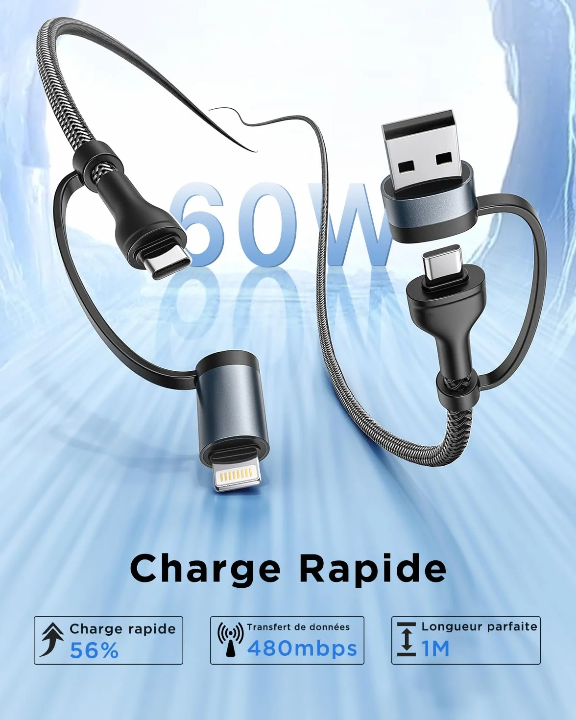 Câble Multi USB 4 en 1 1M Nylon Tressé USB C vers Lightning pour iPhone Galaxy S24 Huawei