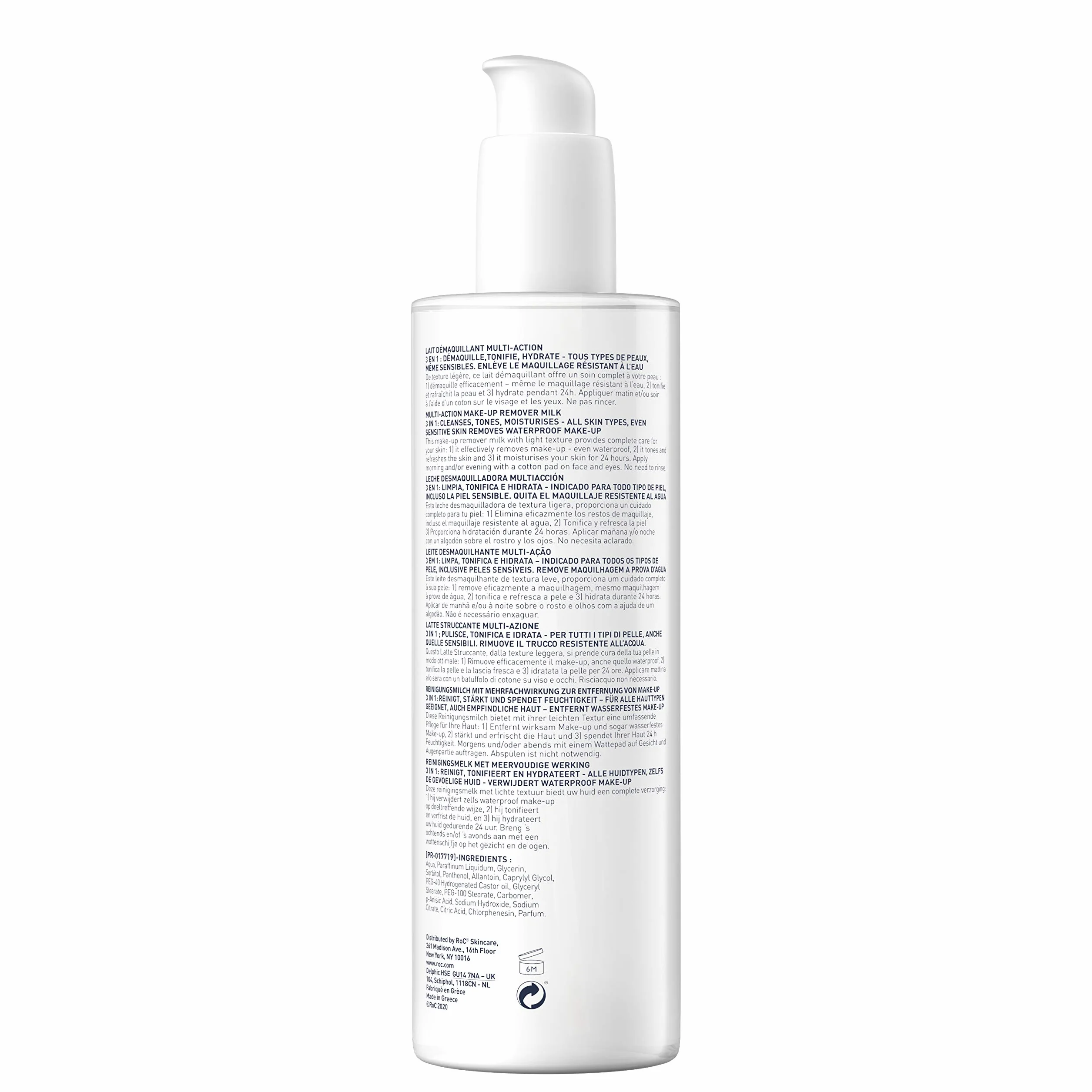 RoC Démaquillant au Lait 3 en 1 Nettoie Tonifie Hydrate Élimine Maquillage Waterproof Tous Types de Peau 400 ml