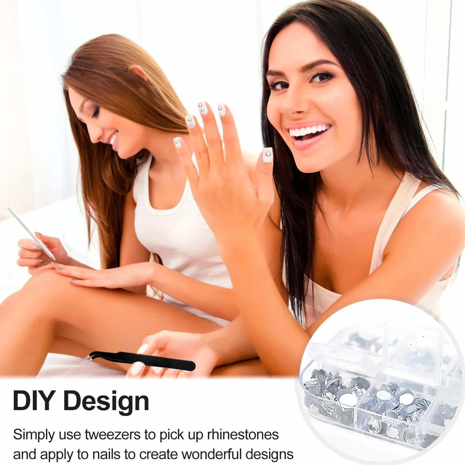 1440 Pièces Strass Ongle Nail Art, 6 Tailles Gems à Dos Plat Rond Cristal, avec Pince et Stylo