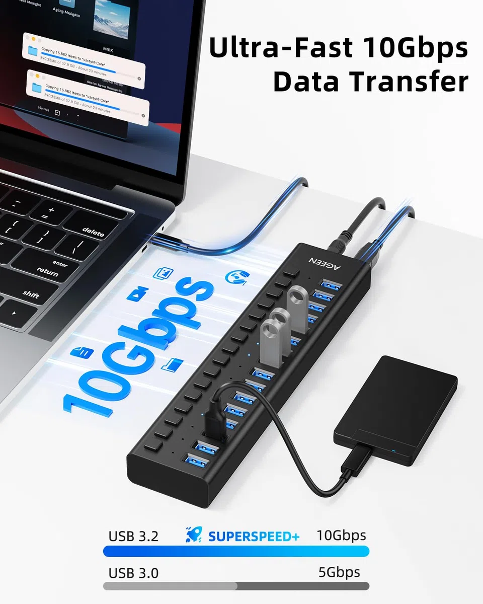 Hub USB 3.0 avec alimentation, répartiteur de hub USB C à 16 ports, 16 USB-A 3.2 10 Gbit/s avec commutateurs individuels, adaptateur d'alimentation certifié UL 12 V 8 A 96 W pour ordinateur portable