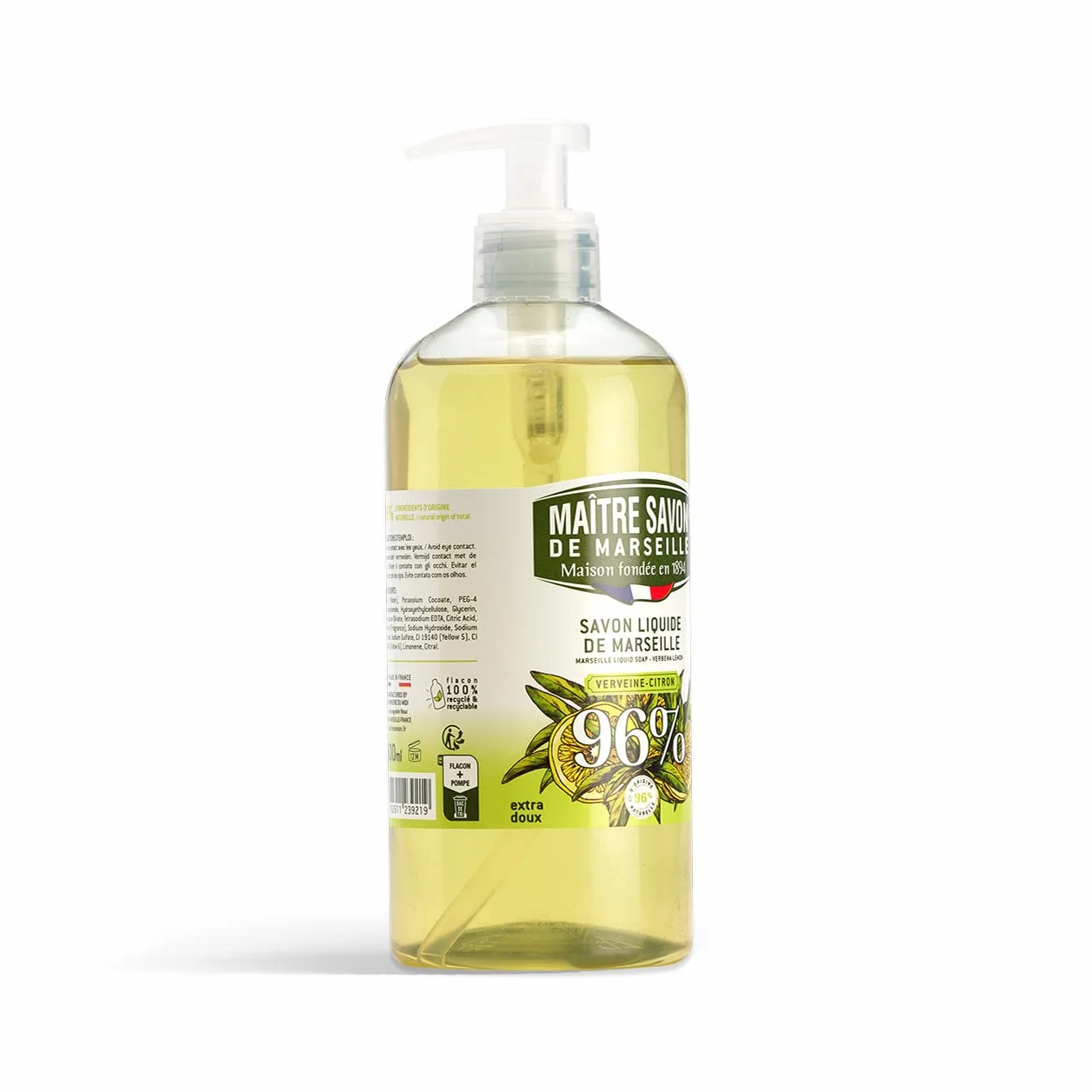 Maître Savon de Marseille Savon de Marseille liquide VERVEINE-CITRON 500ml 96% d'origine naturelle