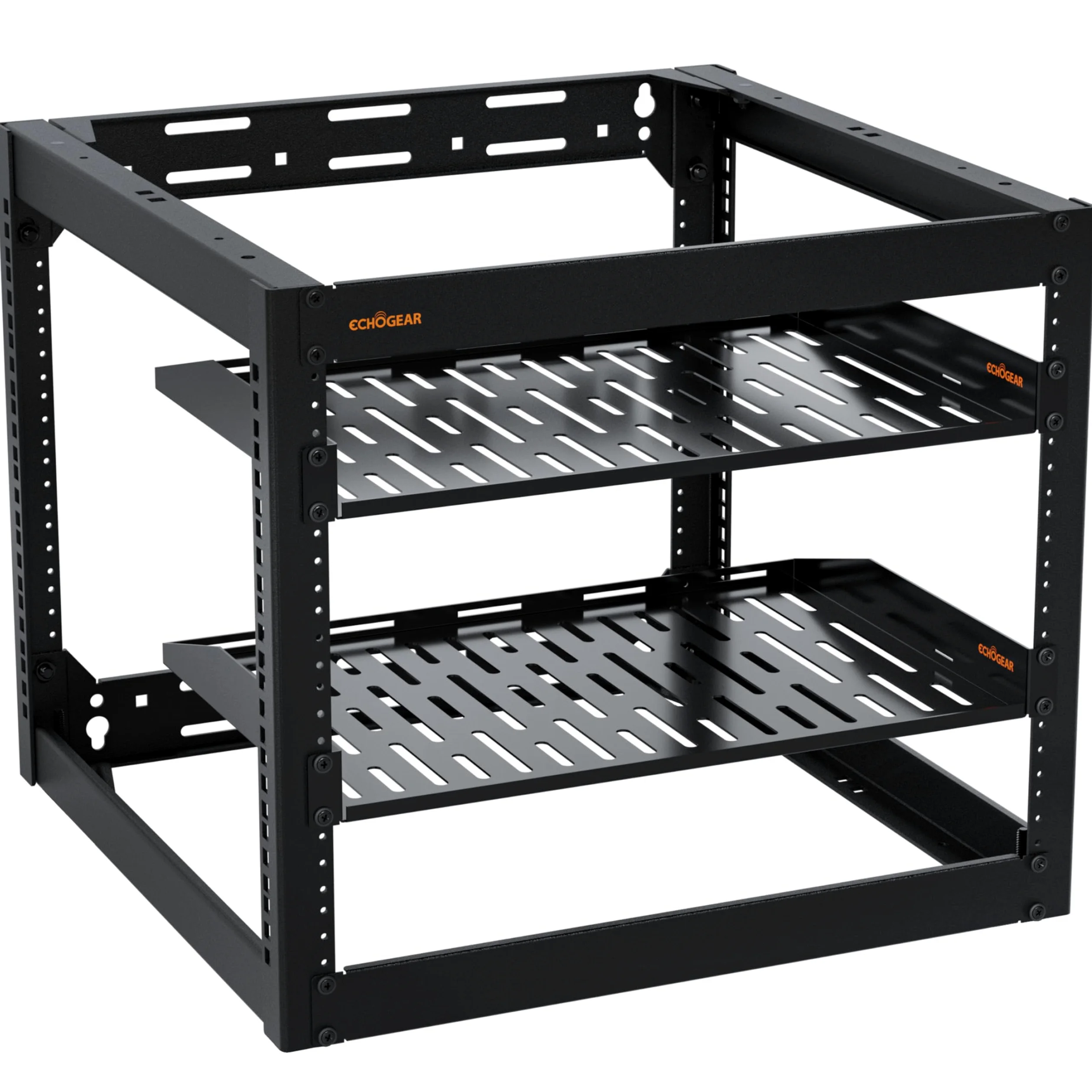 ECHOGEAR Rack réseau 10U – Fixation Murale Robuste à 4 Montants pouvant contenir Tous Vos équipements réseau et AV – Cadre Ouvert avec 2 étagères ventilées 1U et matériel de Montage