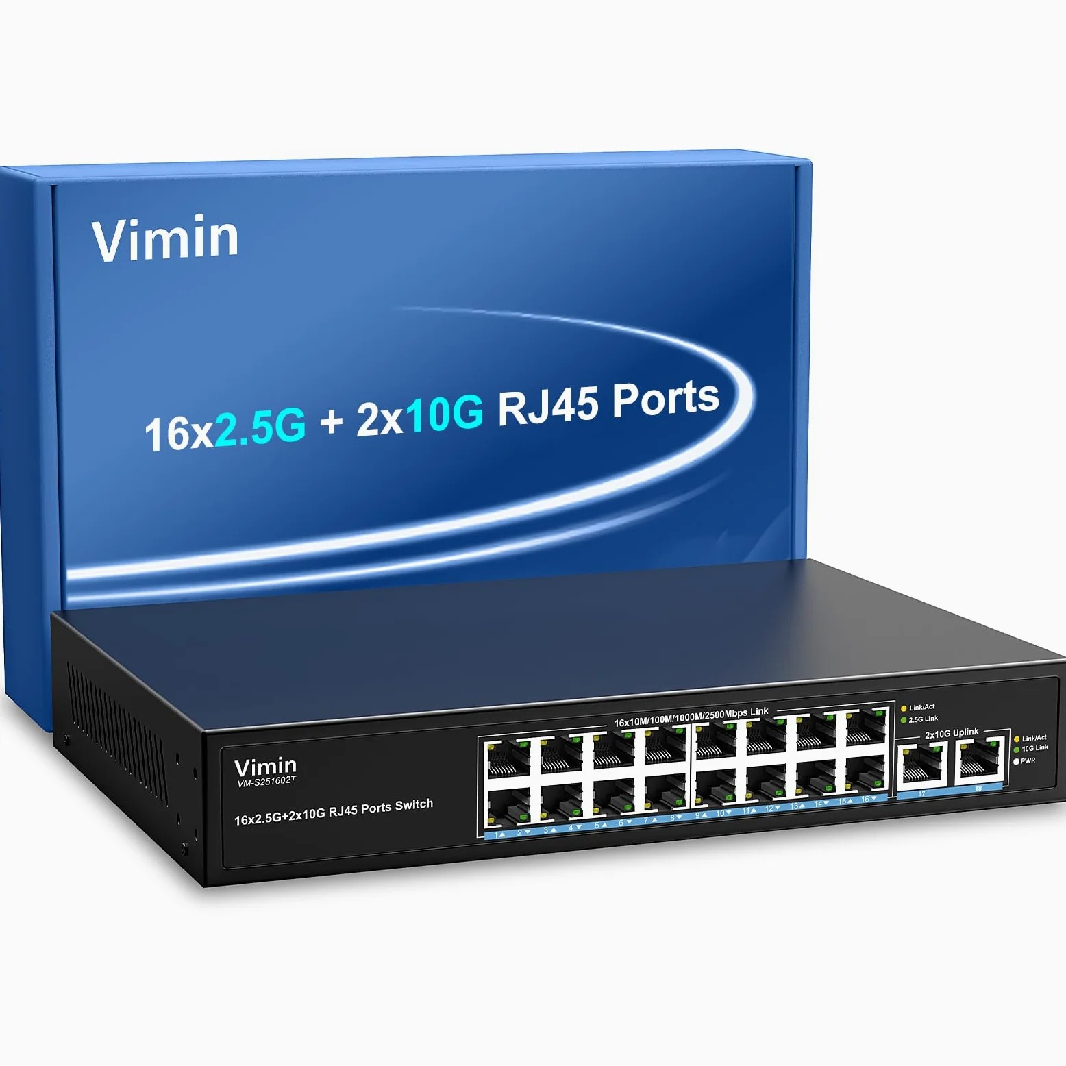 Switch Ethernet 16 Ports 2,5G + 2 Port 10GBASE-T, Vimin 16X 2,5G+2 Ports RJ45 10Gb Switch Non Géré, 2.5G Switch Capacité 120Gbit/s, Commutateur 2,5G/10G Réseau de Bureau/Mural pour NAS, PC, AP