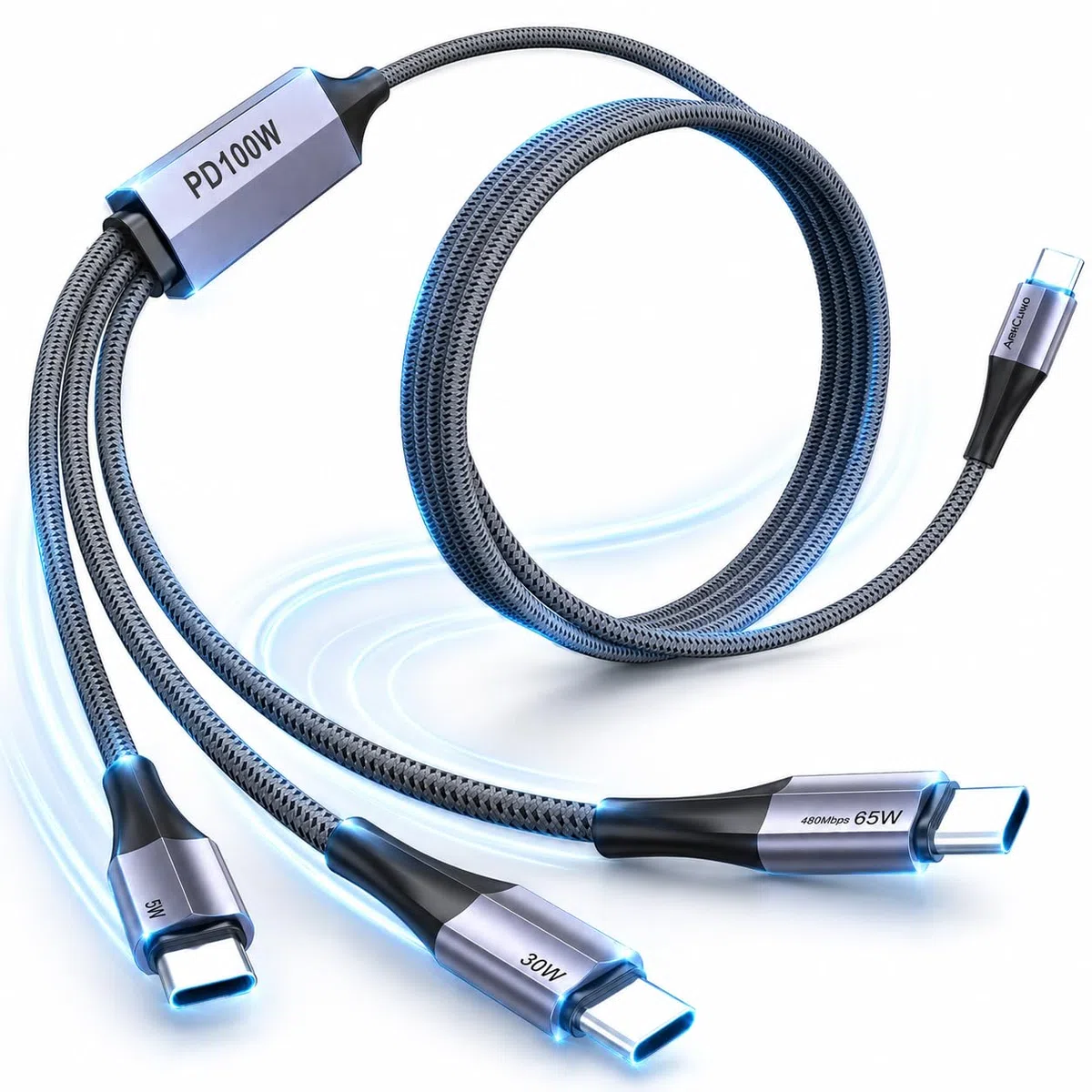 Câble de charge répartiteur USB C, câble de charge double de type C, câble multiple 3 en 1 en nylon tressé avec 3 connecteurs de type C compatible avec IP 15 Pro Max/Galaxy/Tablettes/Google