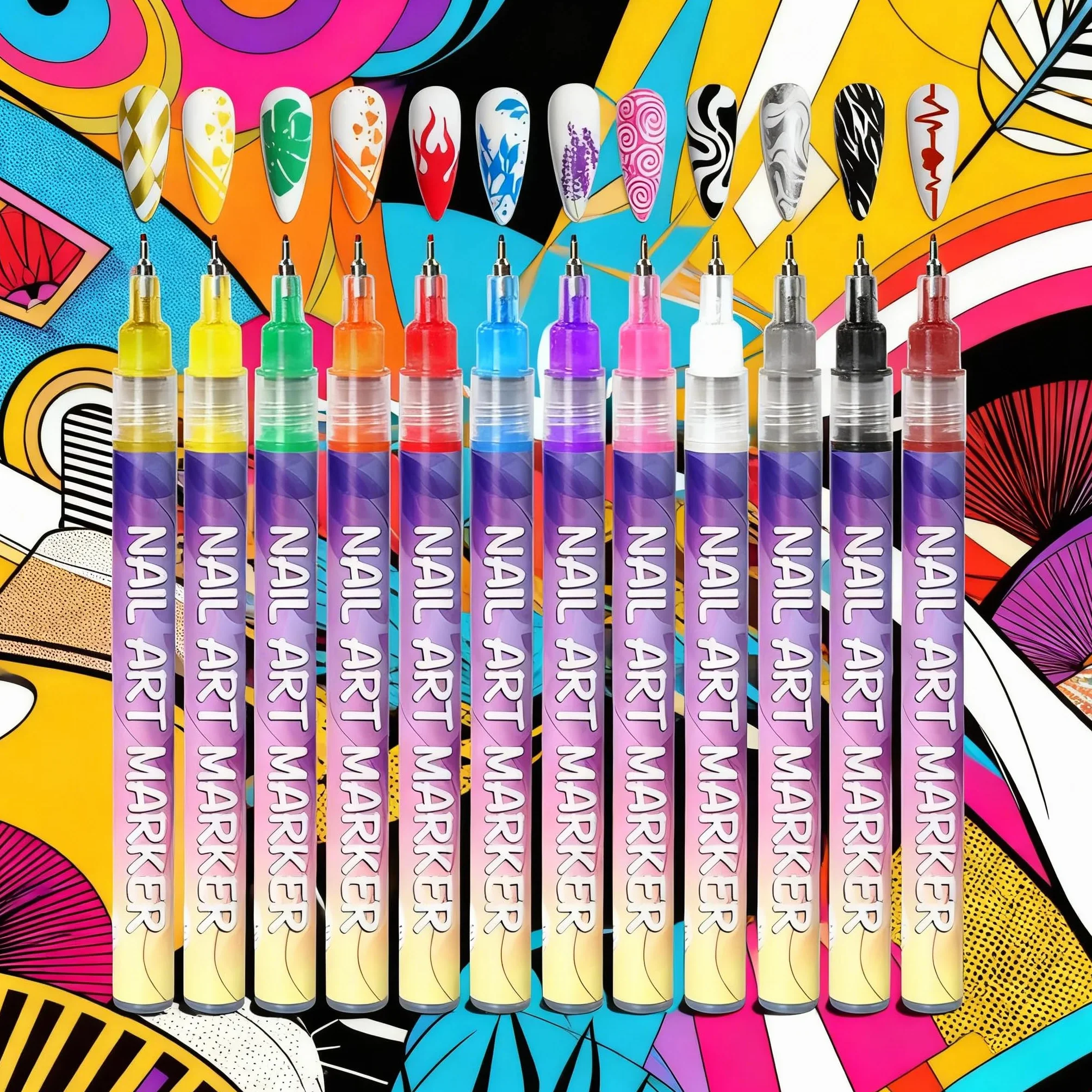 Kit de 12 Feutres Vernis à Ongles Stylo 3D Nail Art Professionnel Pointe Métallique Fine 0.5mm