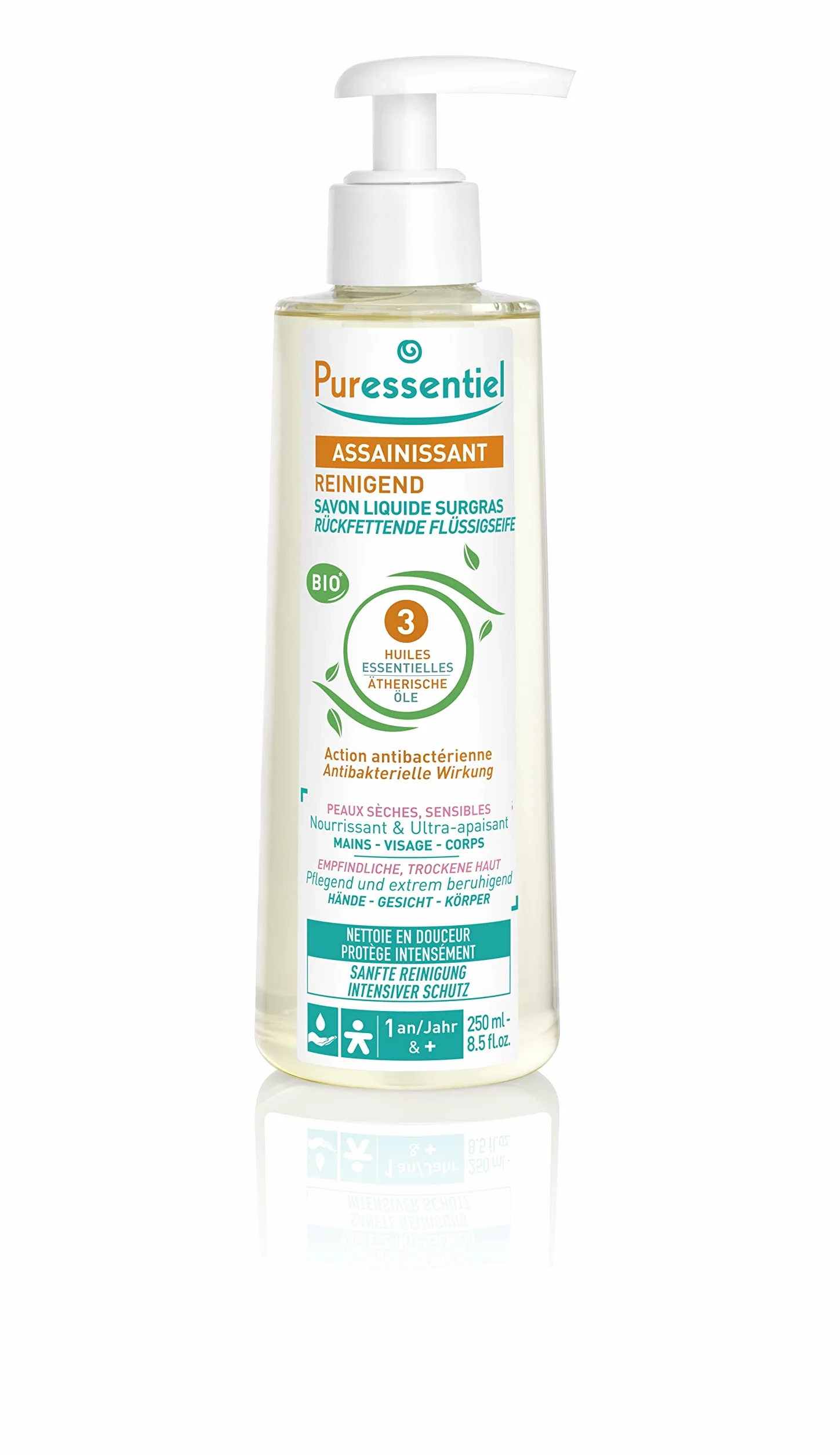 Puressentiel Savon Liquide Surgras BIO aux 3 Huiles Essentielles Antibactérien Visage Mains Corps Peaux Sèches 250ml