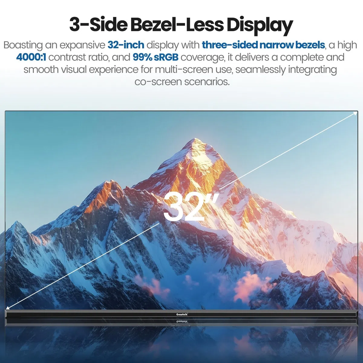 Gawfolk Écran PC 32 Pouces, Moniteur Gaming, Ecran PC UHD 4K 3840x2160 60Hz, 100% sRGB, 1ms MPRT,Interface HDMI & DP, Protection des Yeux, VESA 100 * 100