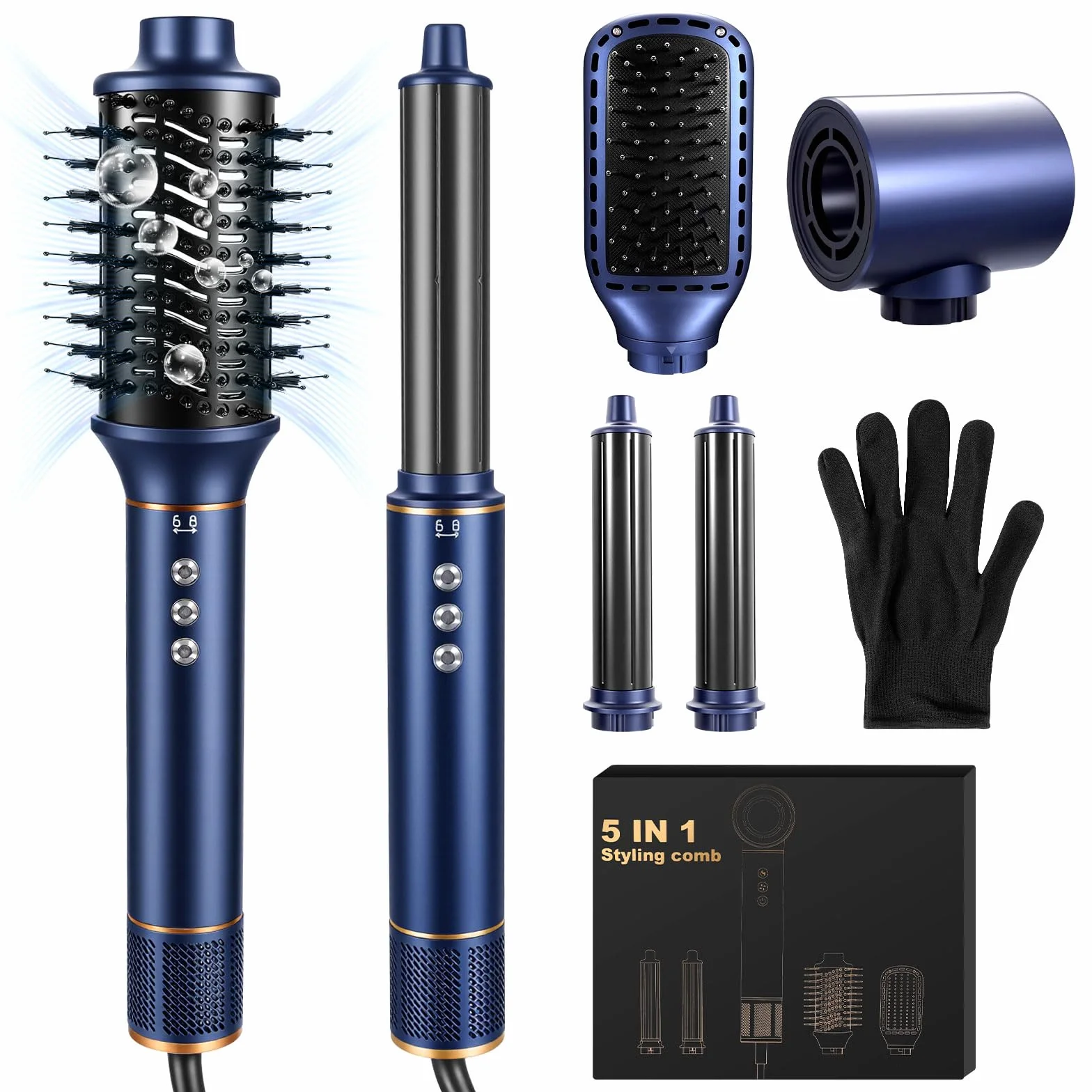 Air Brush 5 en 1 Hair Styler 1400W Seche Cheveux Brosse Lissante Fer a Boucler Bleu