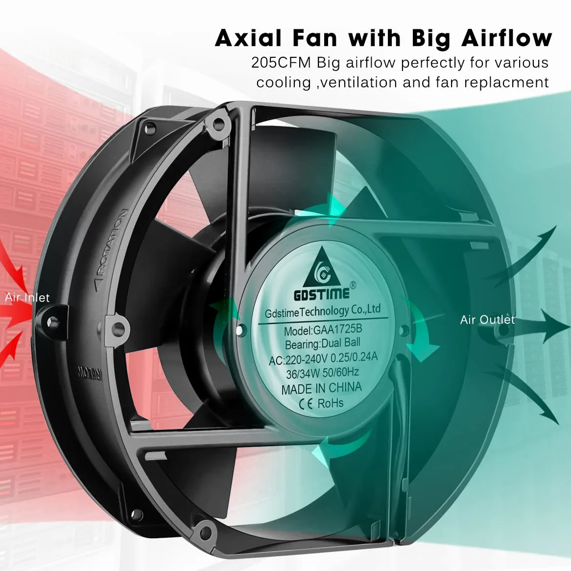 GDSTIME Ventilateur 220V 172 x 150 x 51mm Fan 230V à roulement à billes | ventilateur axial 172mm 230v Puissant Ventilateur 220V 205CFM Cadre métallique pour PC Refroidissement Ventilation