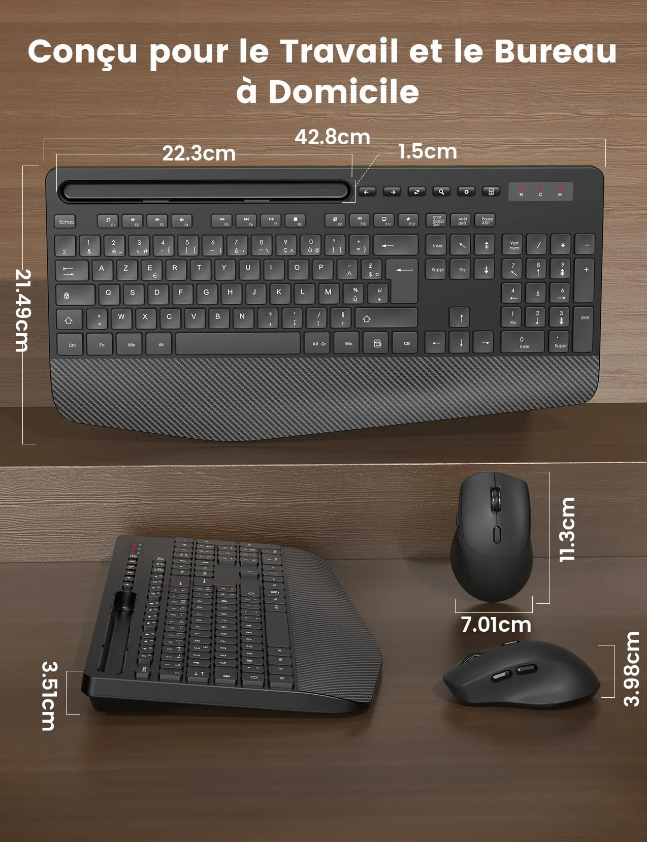 Ensemble Clavier et Souris sans Fil AZERTY-KM23 Noir, Ergonomique Pleine Taille avec Repose-Poignet, Silencieux 2,4 GHz pour PC Windows