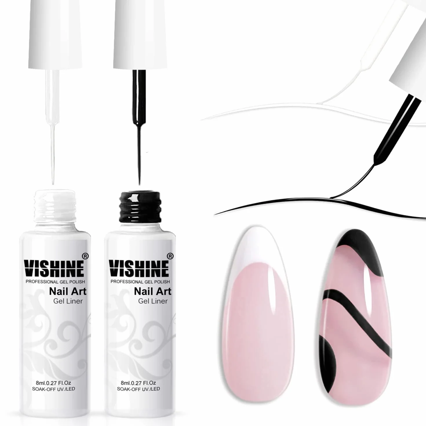 Vishine Vernis Semi-Permanent Blanc et Noir Gel Liner Nail UV Gel Vernis à Ongles 8ml